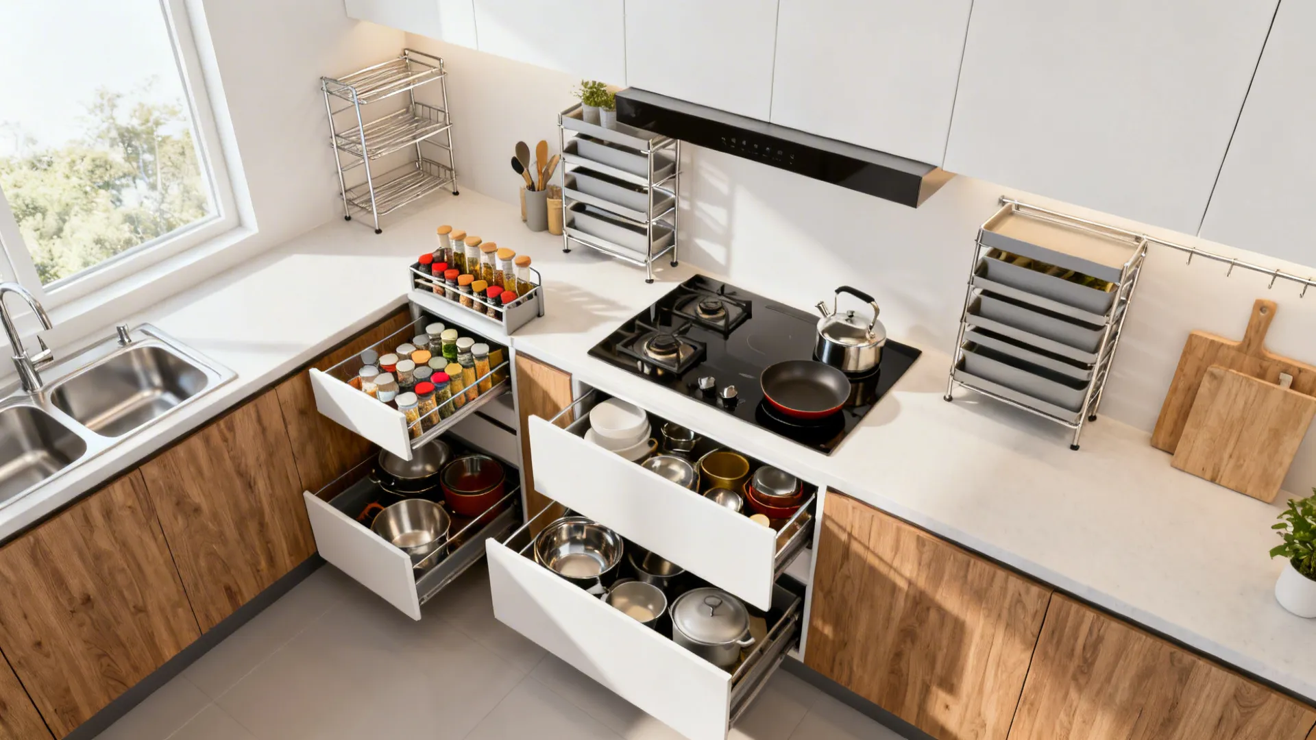 Top-down view of organized kitchen zones with spice pull-out and deep drawers.