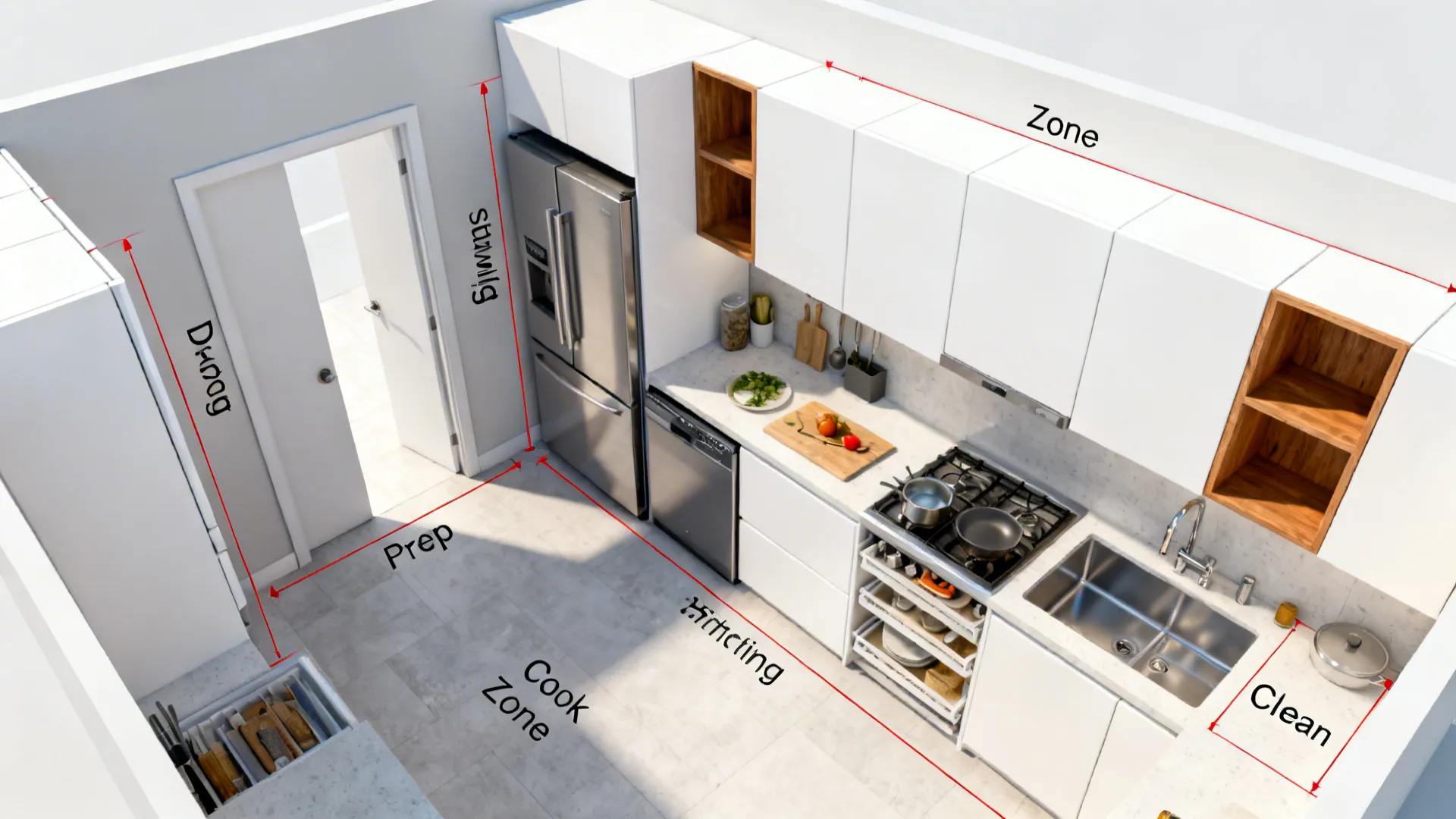 Top-down view of a small galley kitchen showing zone-based storage and clearances