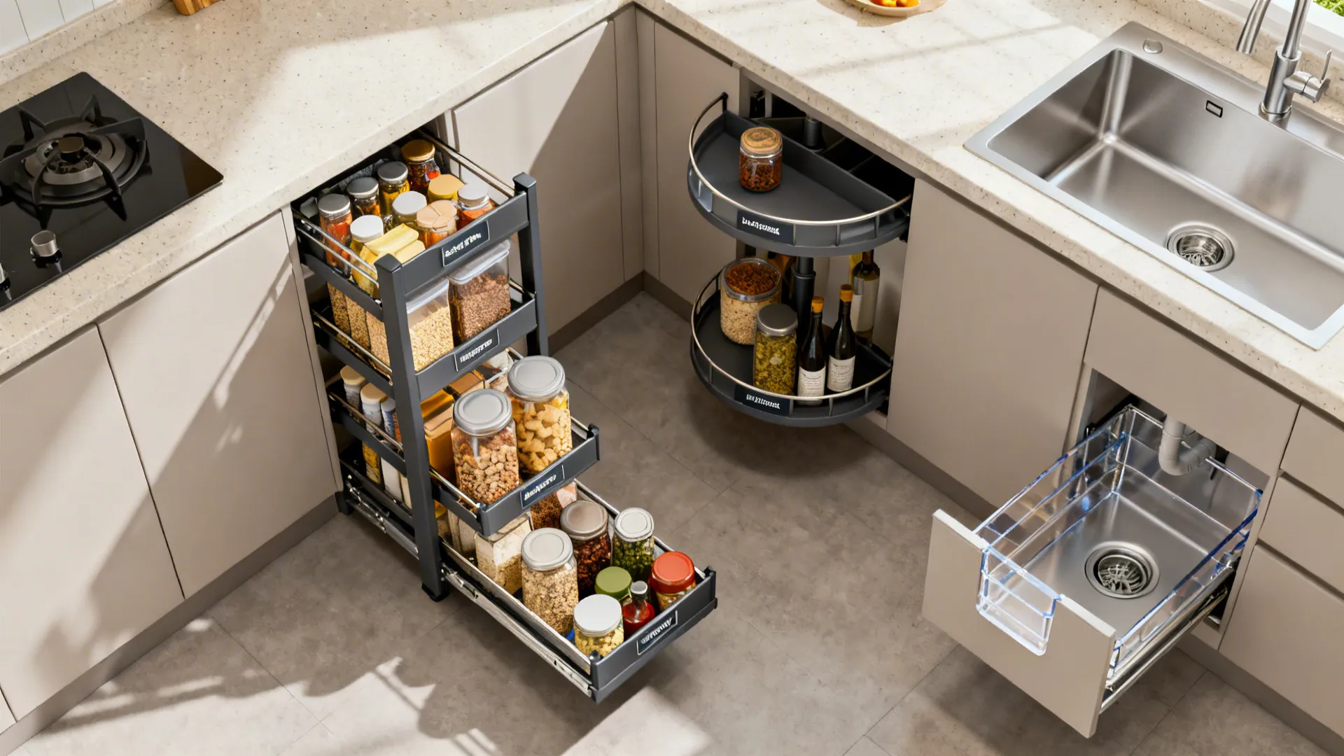 Modern kitchen corner cabinet with pull out spice rack rotating shelves and stainless steel sink