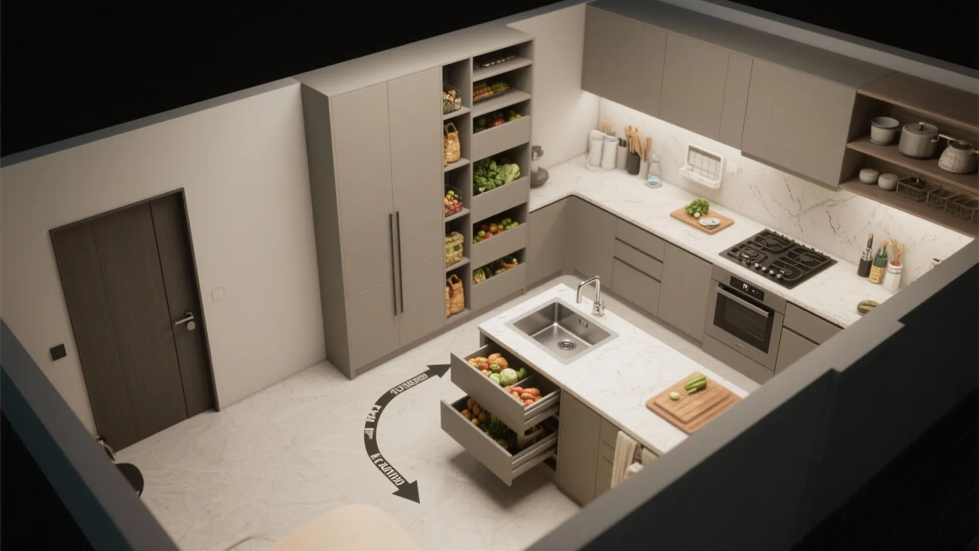 Smart Storage Zones: Tall Pantry + Under-Sink Drawers