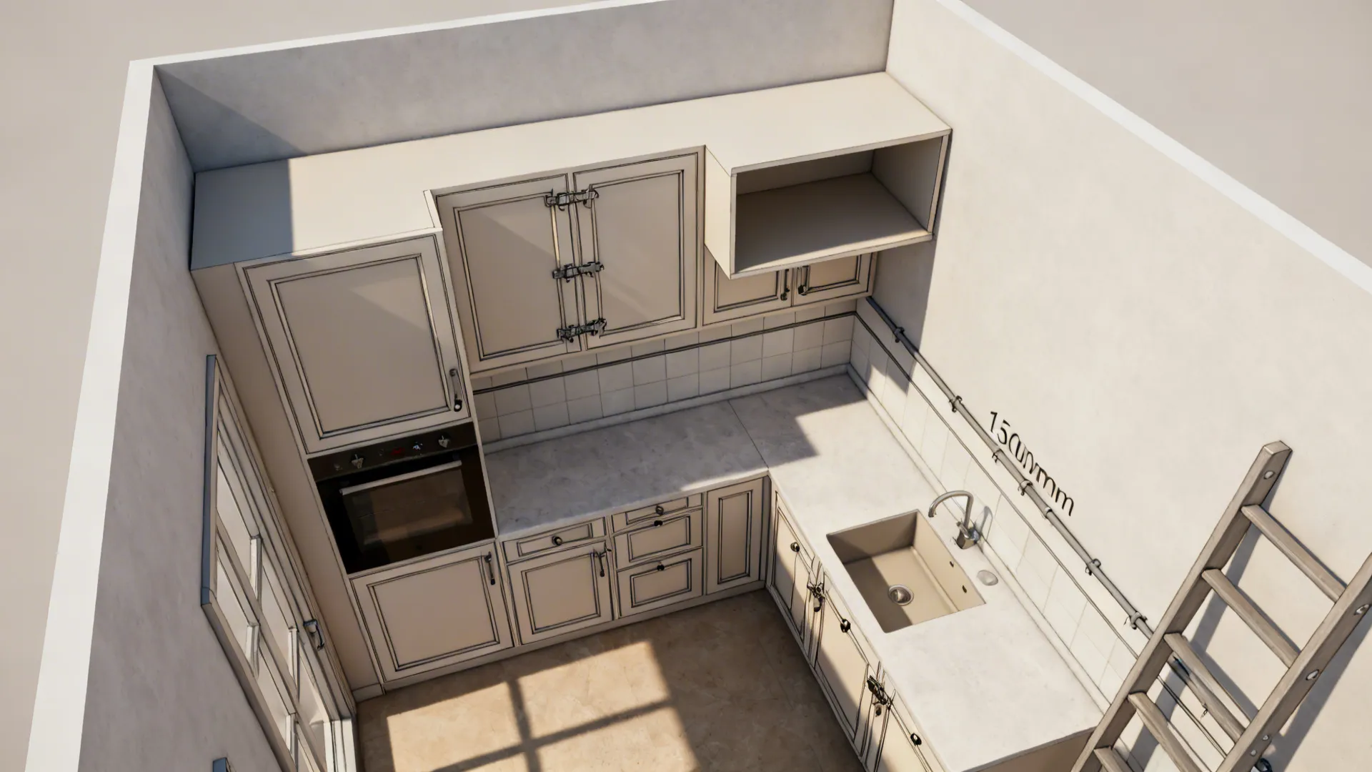 Top-down view showing full-height cabinets, loft storage, and an appliance niche with ladder channel.