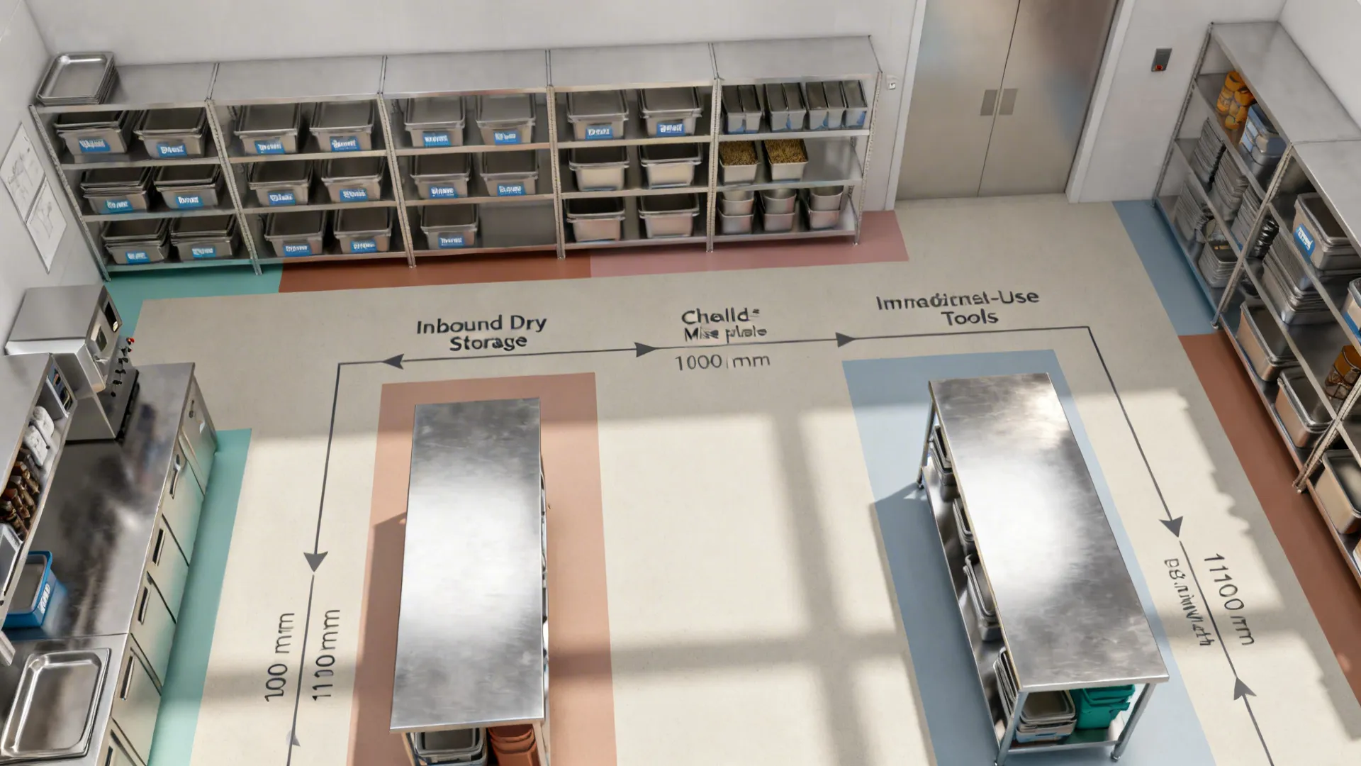 Top-down plan of a small commissary kitchen showing three color-coded storage zones and clear aisles.