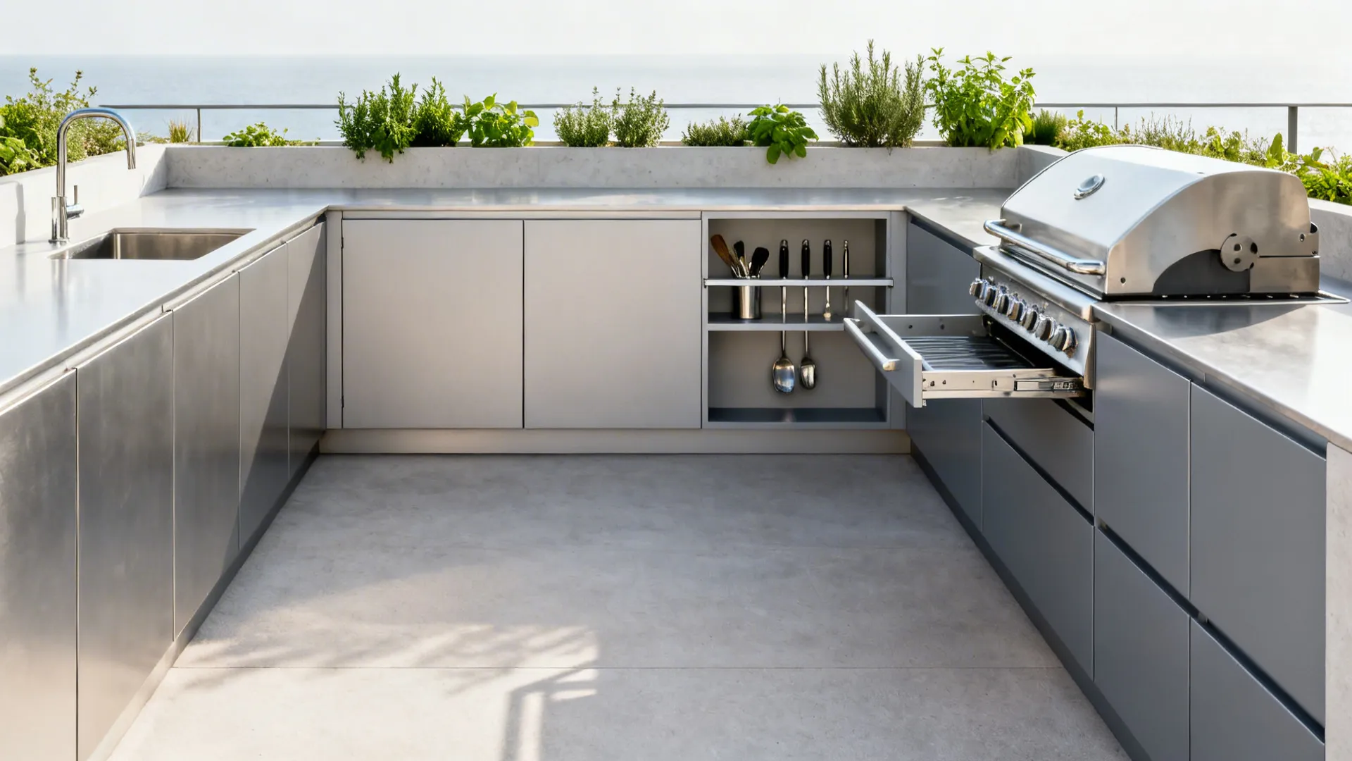 Minimalist outdoor kitchen storage with closed bases and a slim open rail on a small terrace.