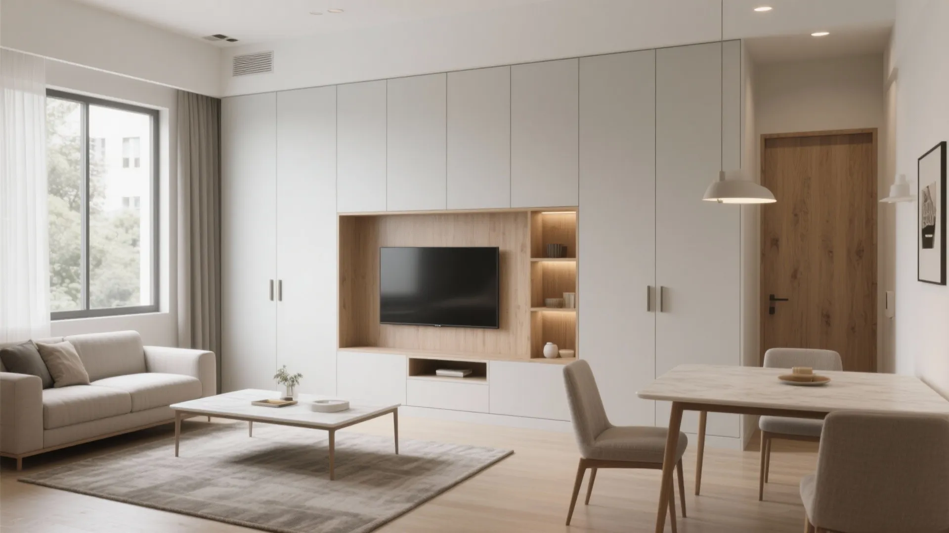 Minimalist storage wall for a calm living–dining