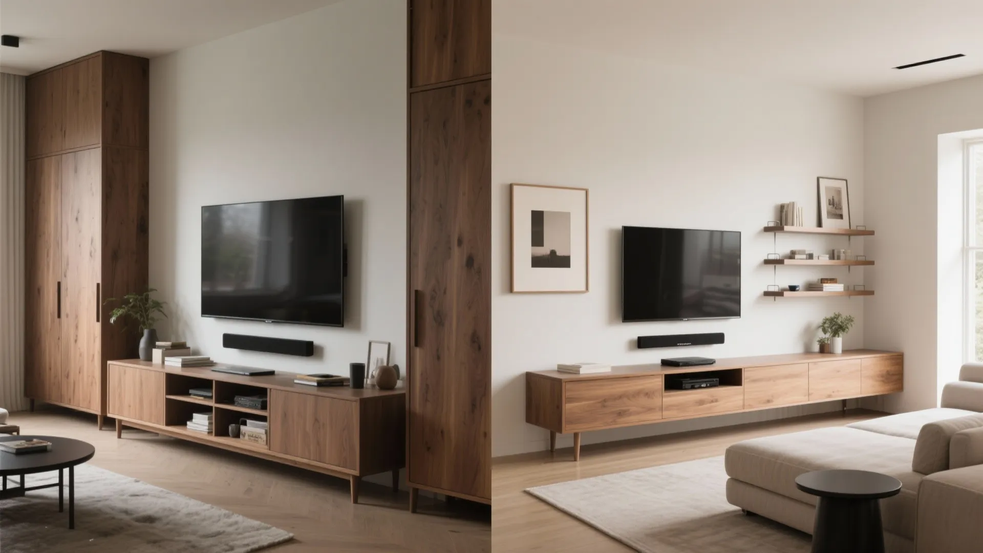 Side by side comparison of two modern living room layouts with wooden cabinets and televisions