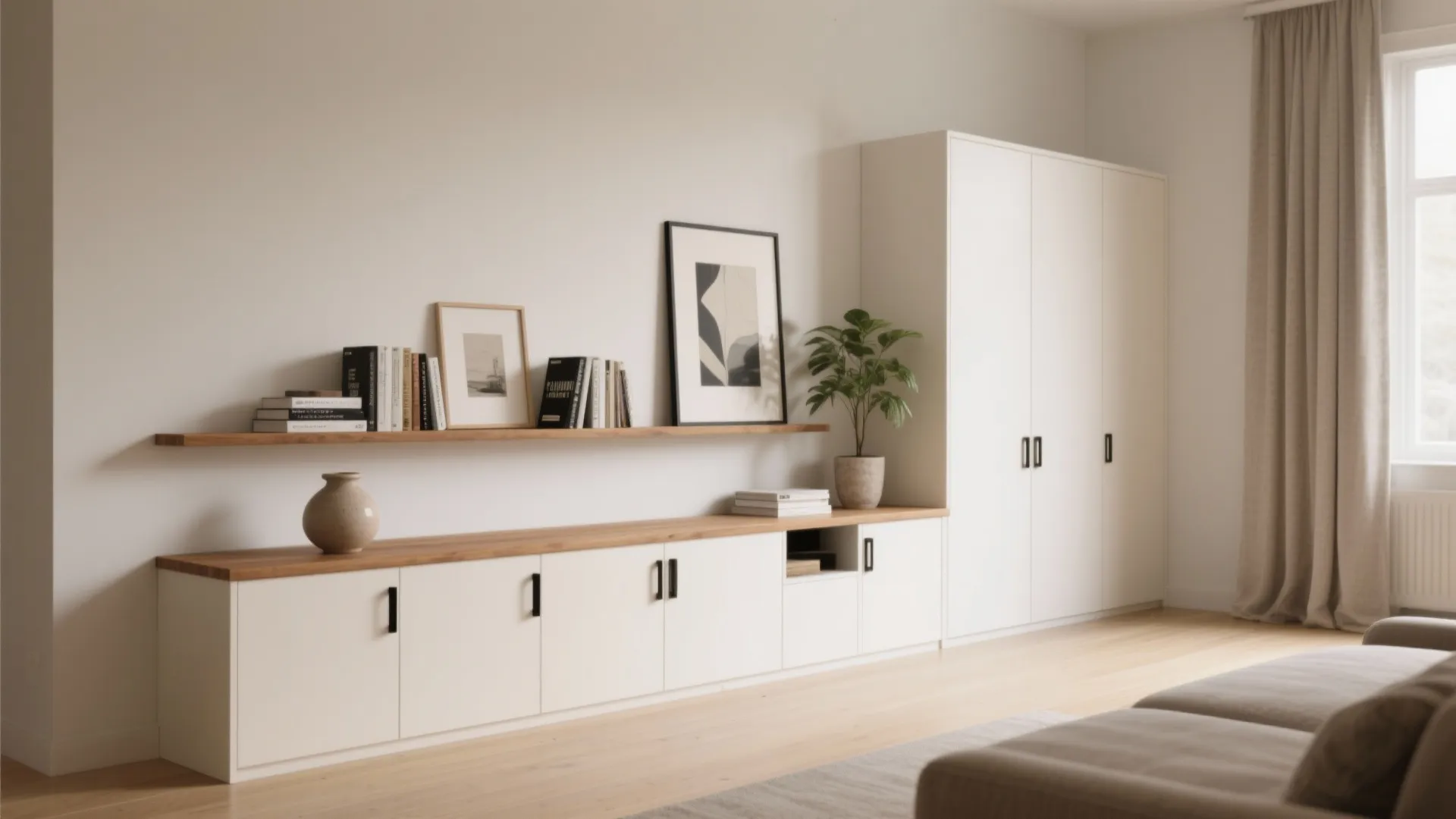 Minimalist white cabinet storage unit with wooden shelf books art and a tall white wardrobe