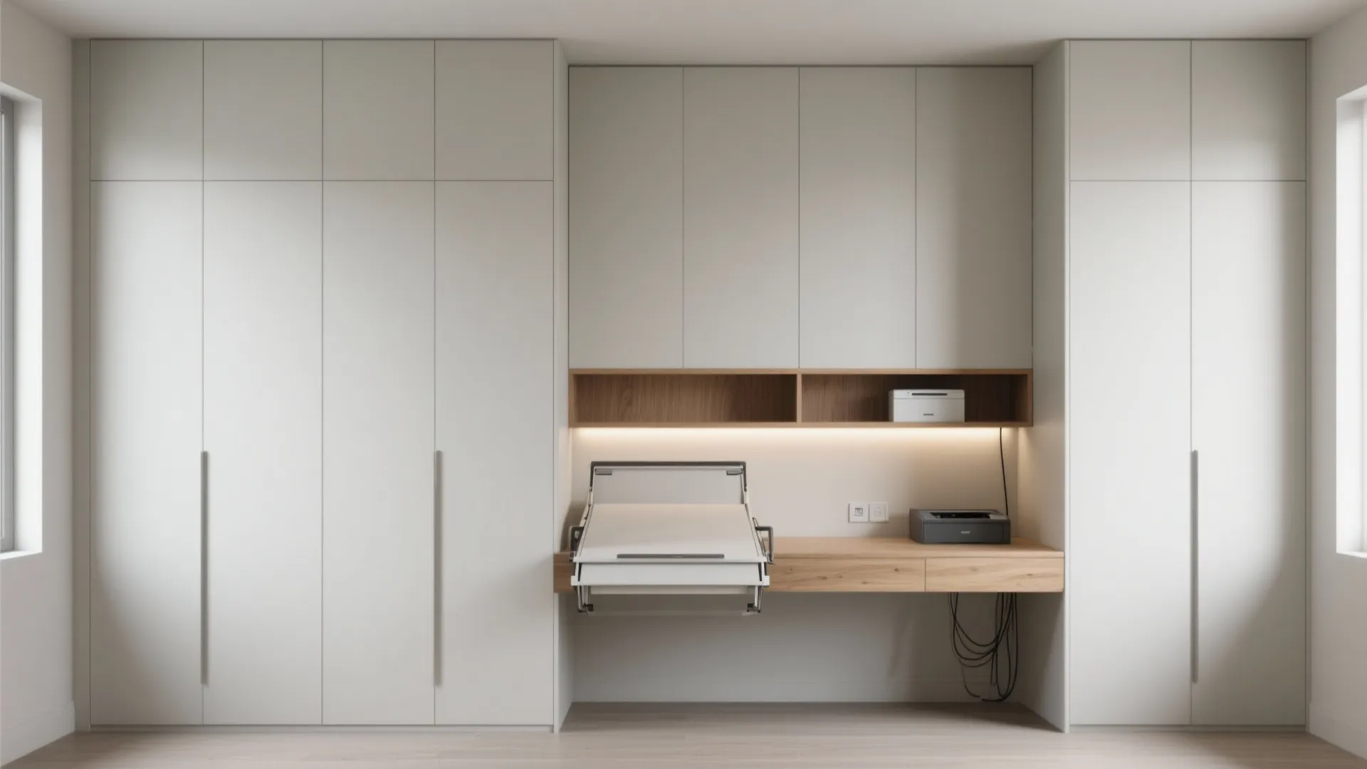 Minimalist storage wall with a concealed desk