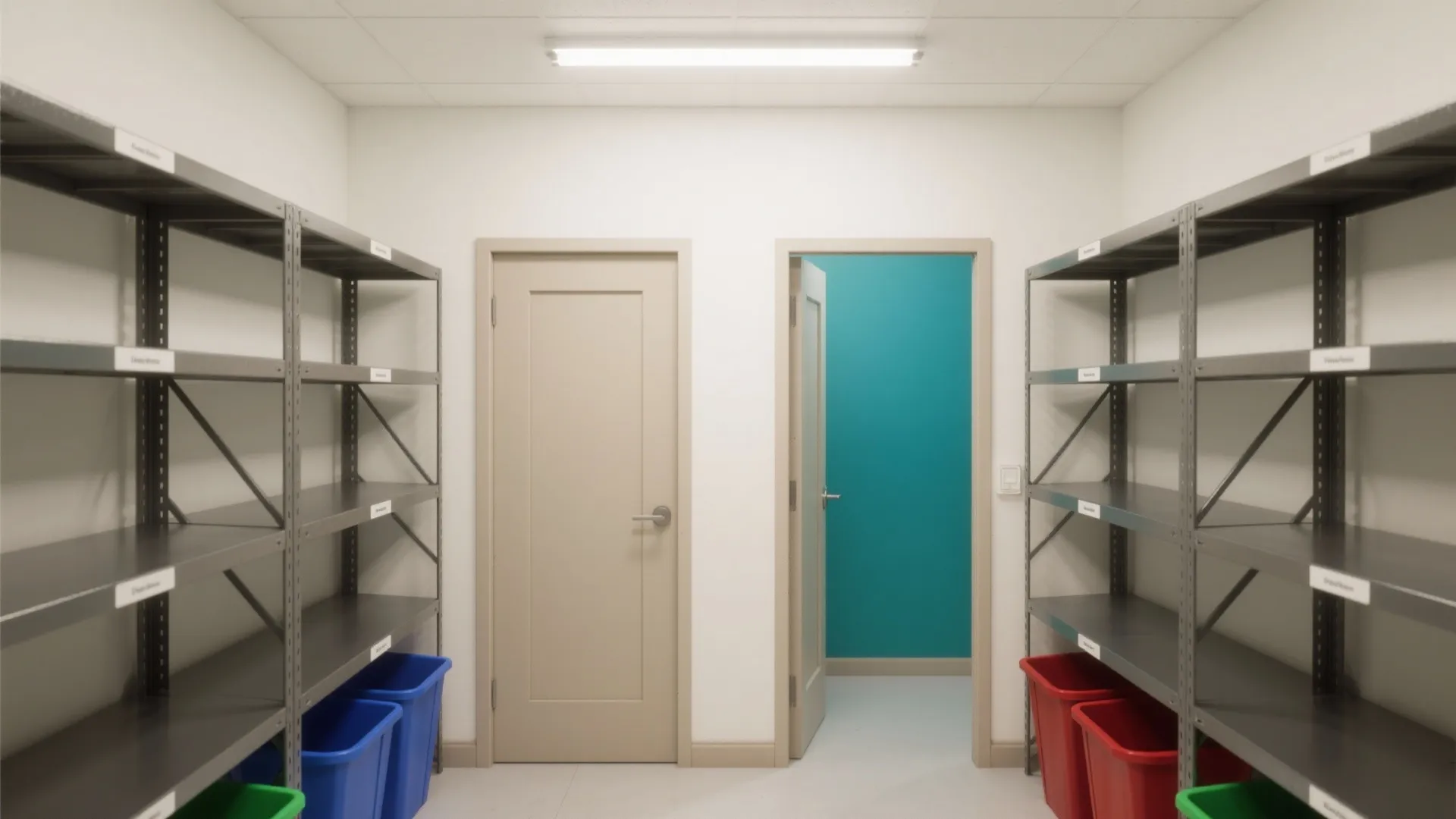 Minimalist storage room with grey metal shelves on both sides and two doors in back