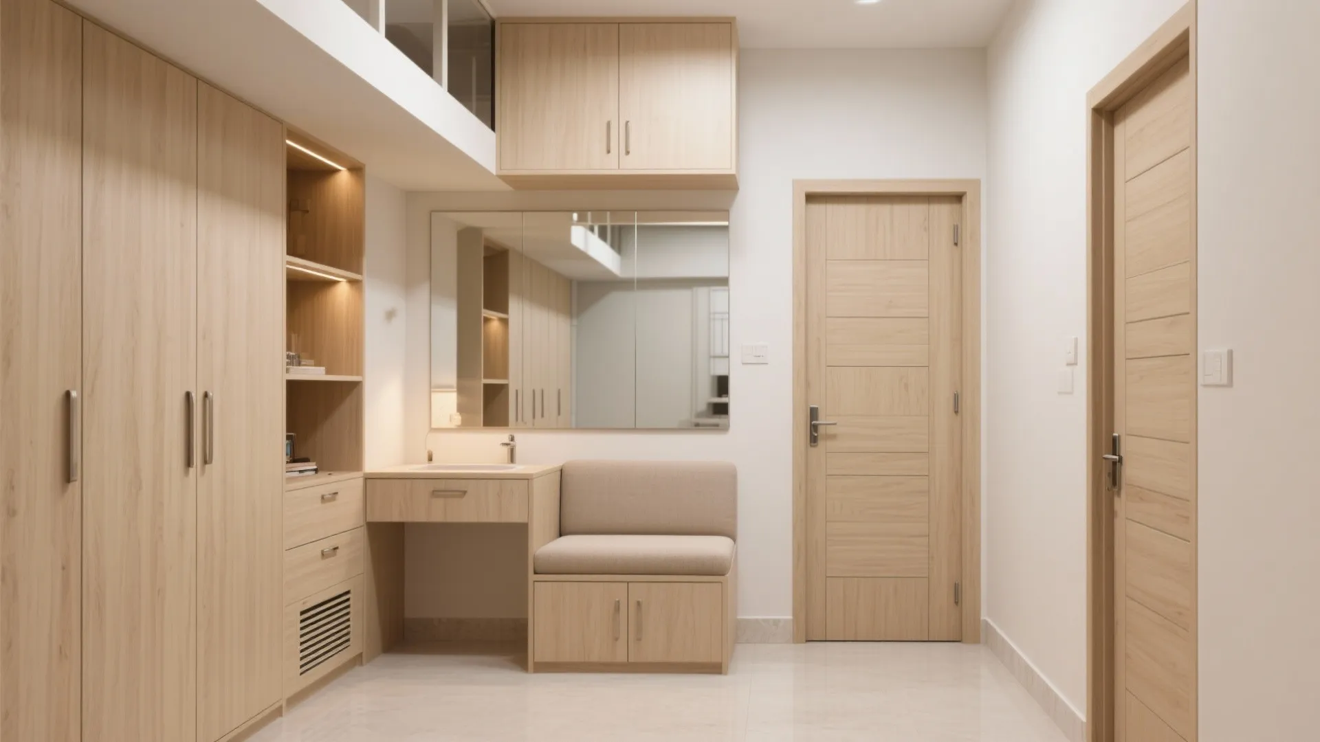 Built-in storage wall with lofts and mirrored doors