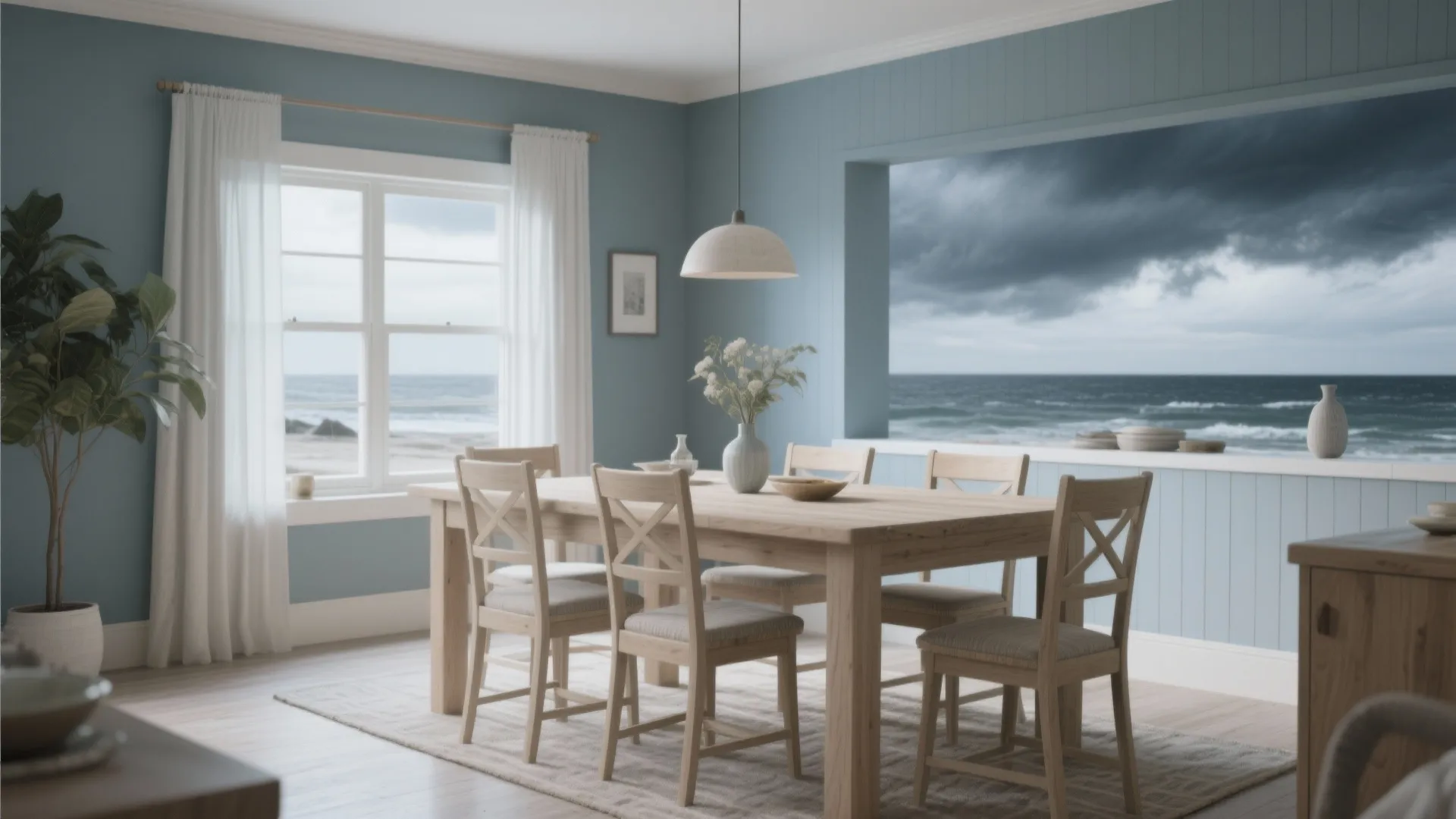 Dining room with stormy blue walls and natural wood furniture