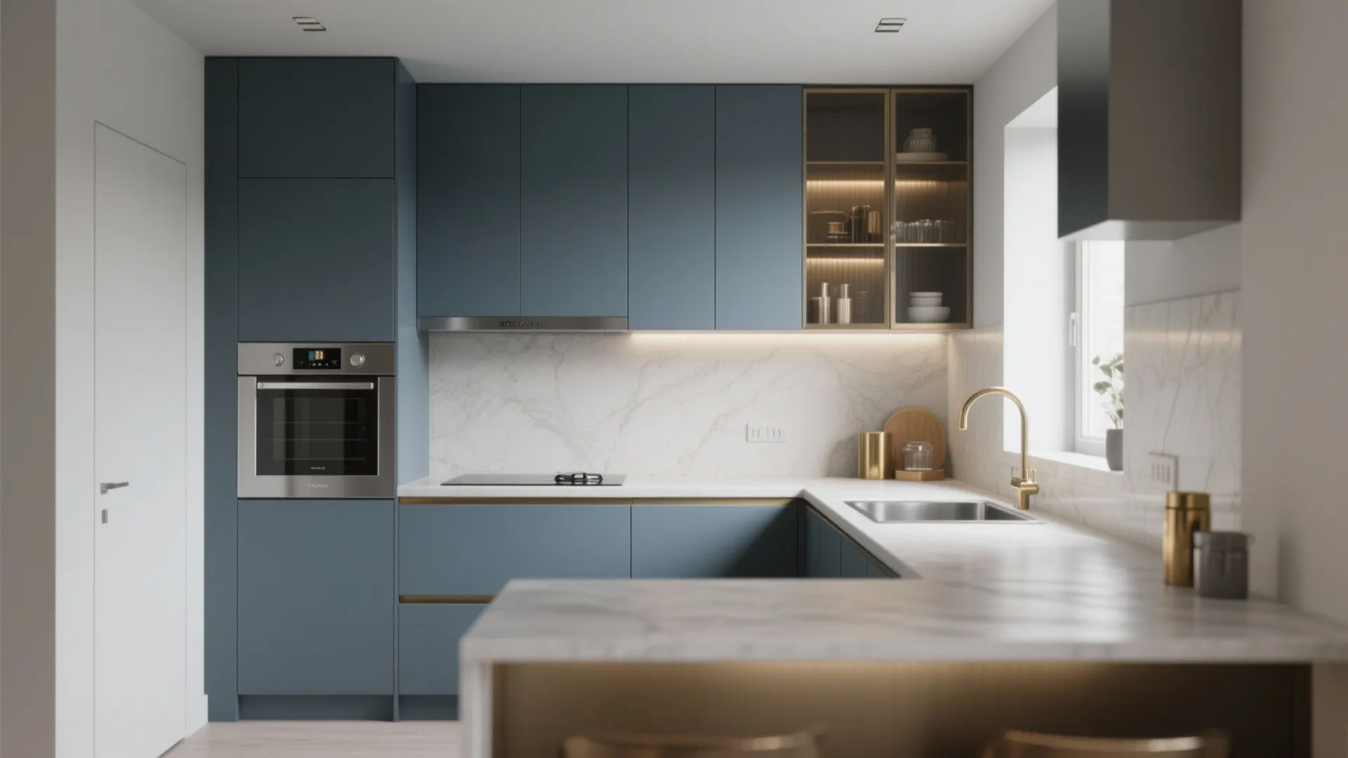 Minimalist kitchen featuring blue gray cabinets marble backsplash gold water tap and built in wall oven