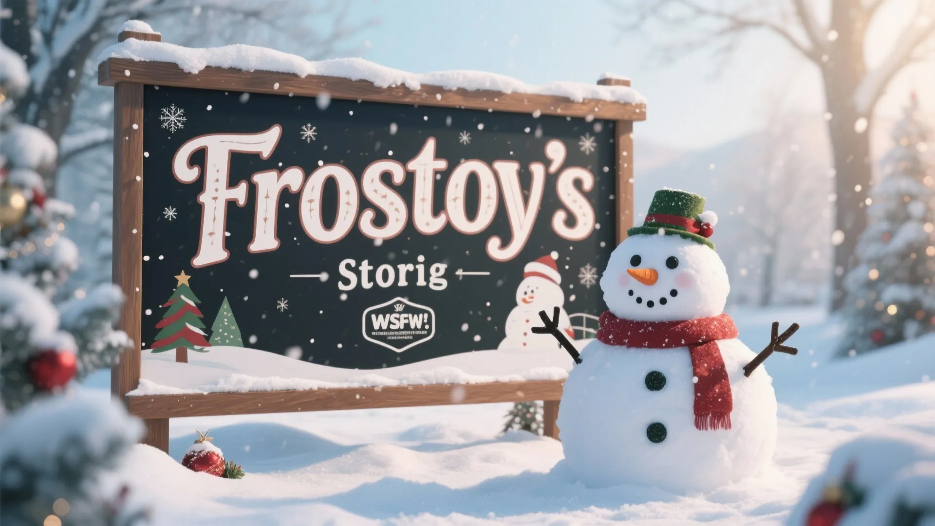 Snowman next to a festive outdoor story board