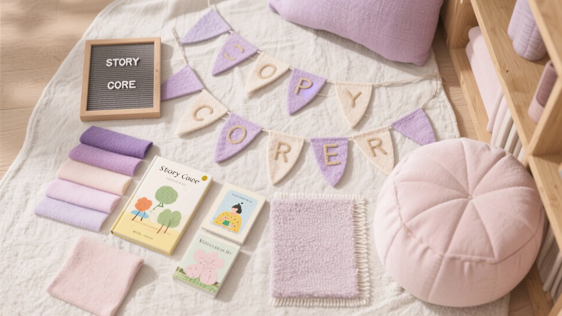 Flatlay of purple bunting books and pink footrest on a white rug in a corner