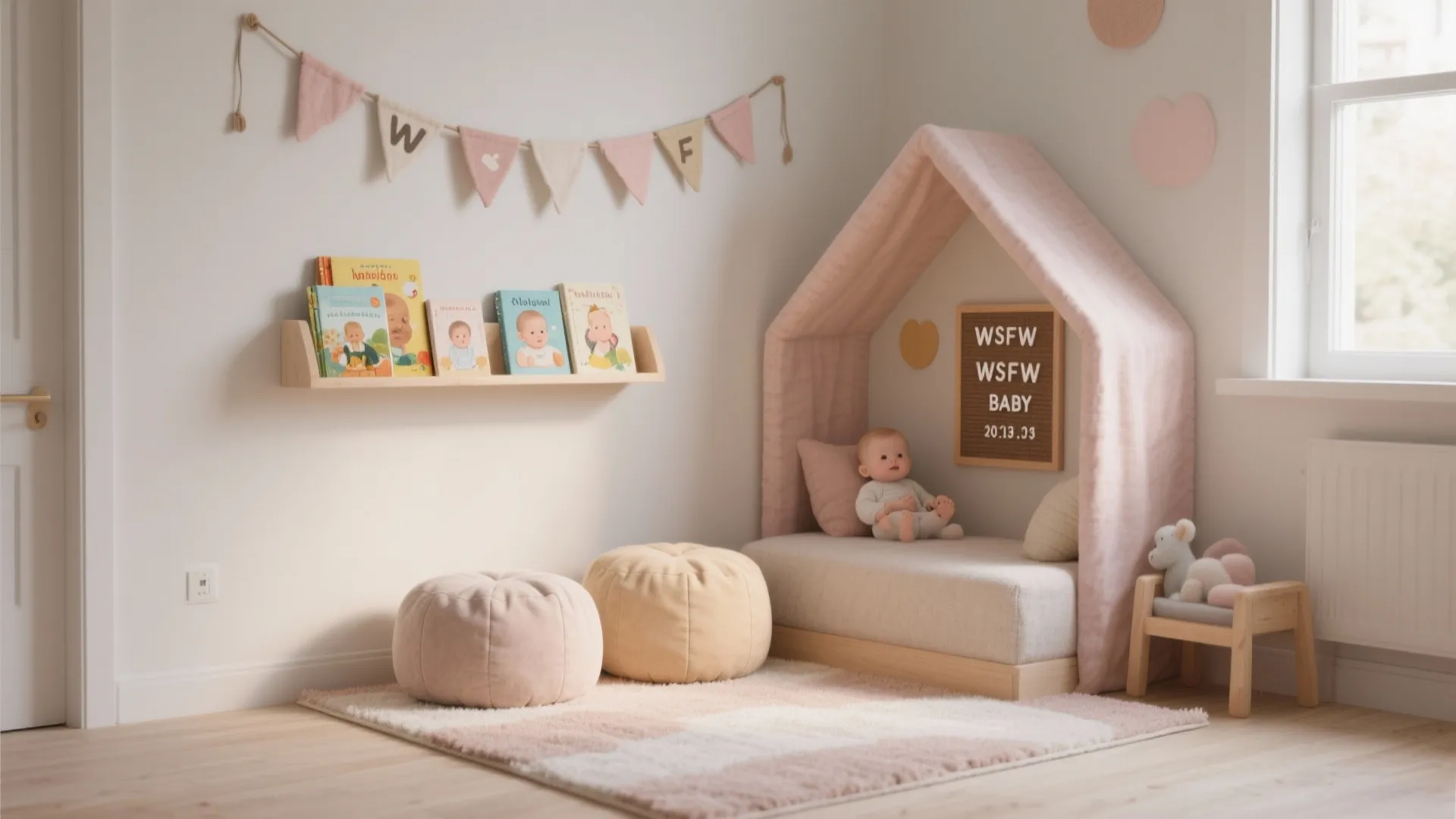 Cozy baby nursery corner with a house shaped bed two floor cushions and wooden wall shelf