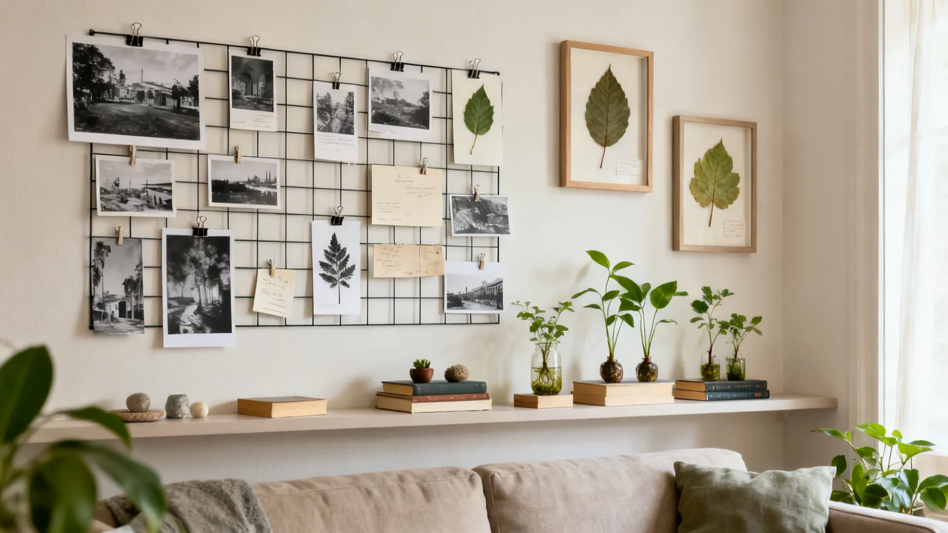 Living room wall with a cohesive grid of clipped prints and greenery in jars on a shelf.