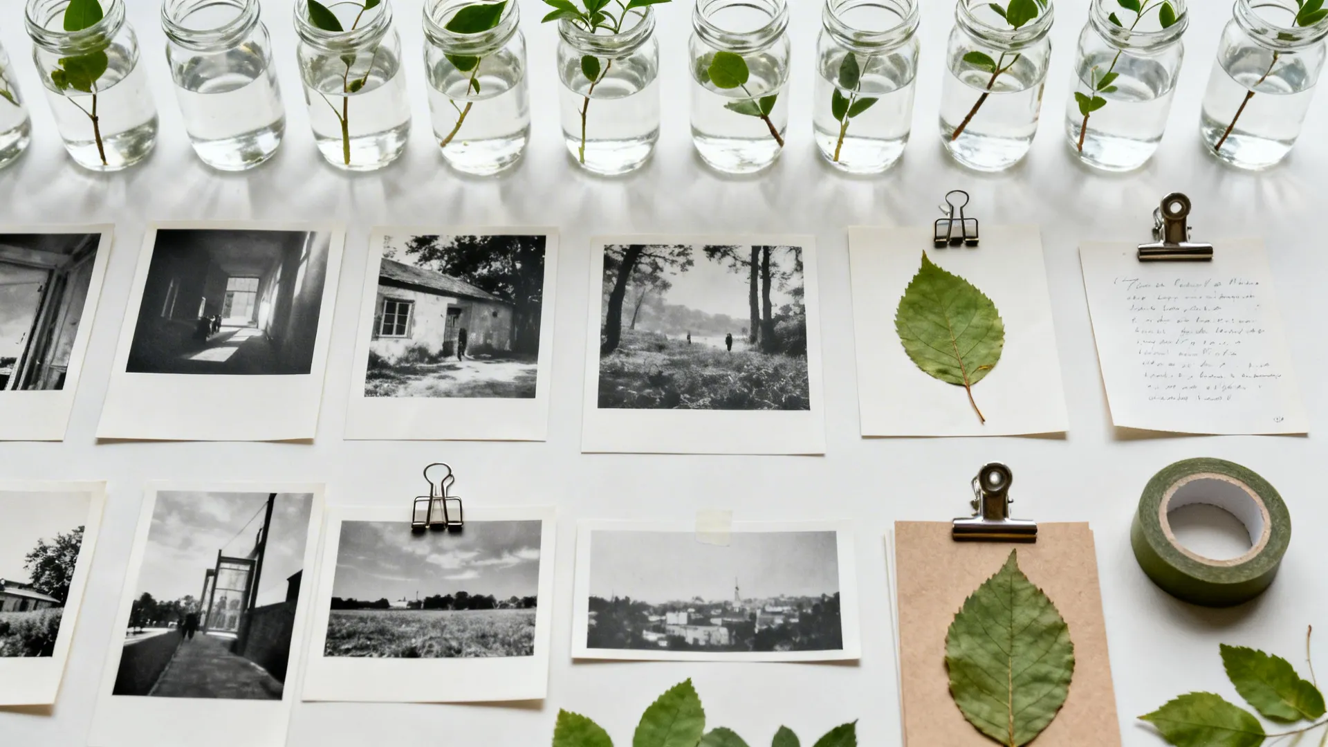 Flat lay of printed photos, clips, tape, pressed leaves, and plant cuttings arranged in rows.