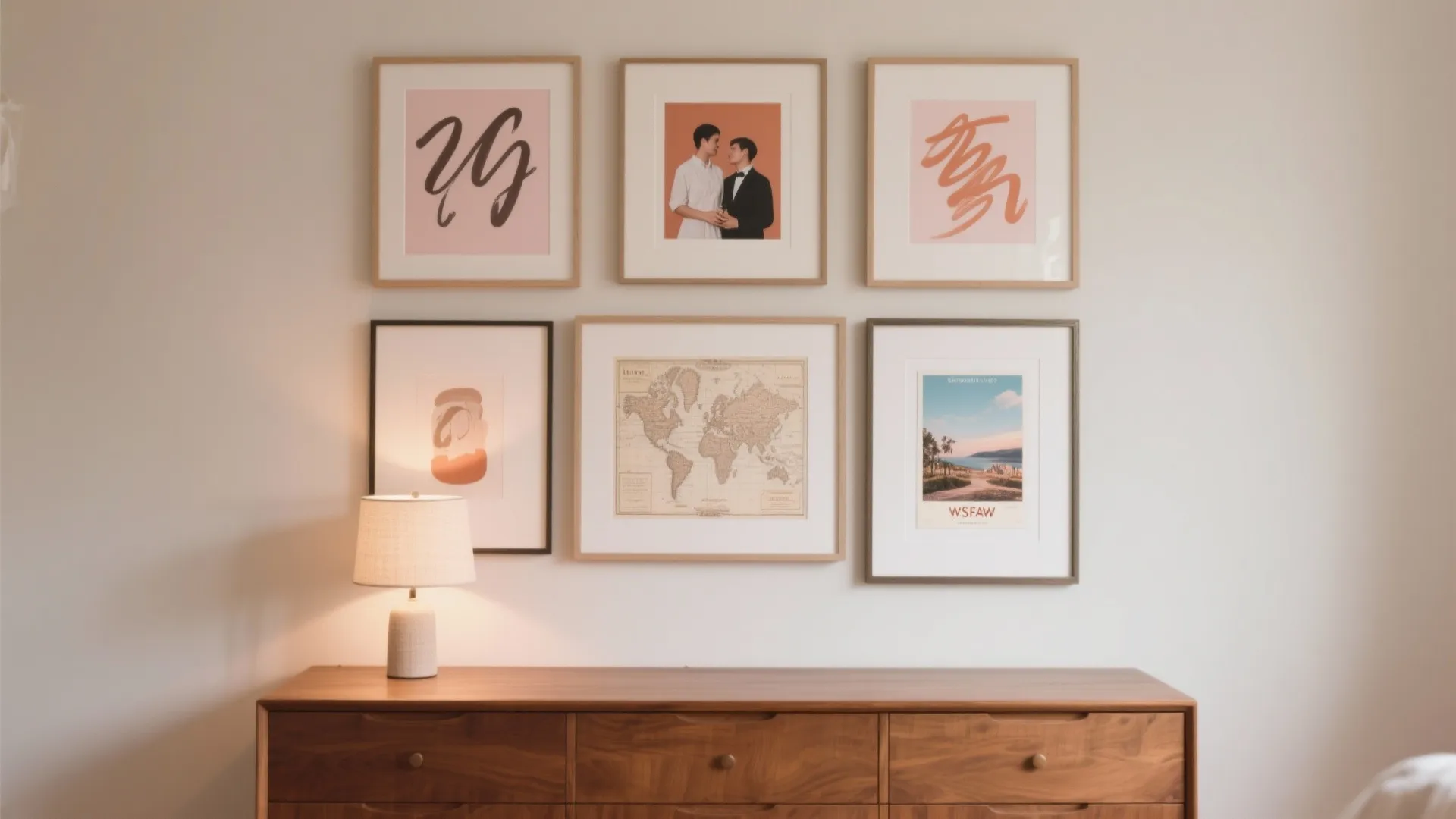 Gallery wall with six framed pictures above a wooden cabinet featuring a small warm lamp