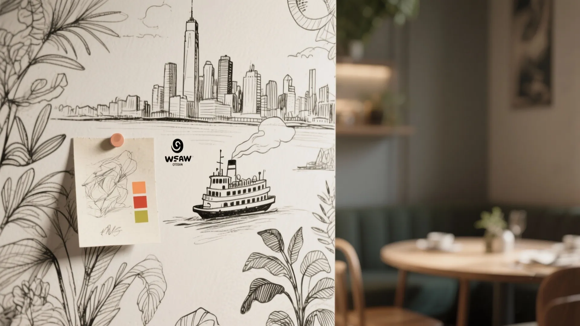 Close-up of a story-driven illustrated mural with skyline sketch, tiny ferry, and neutral palette accents.