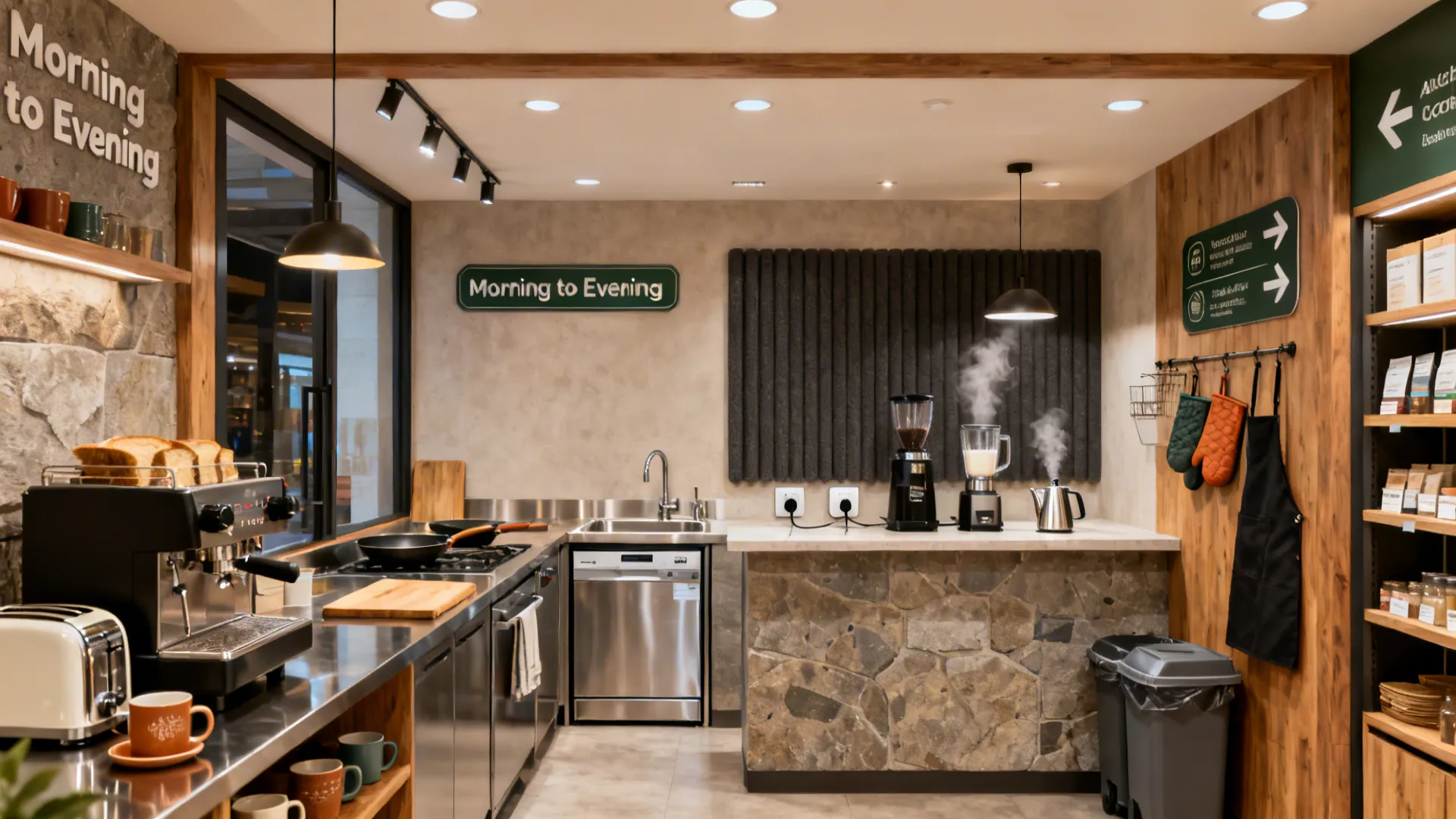 Industrial kitchen space with coffee machine toaster sink and stone island under warm ceiling lights