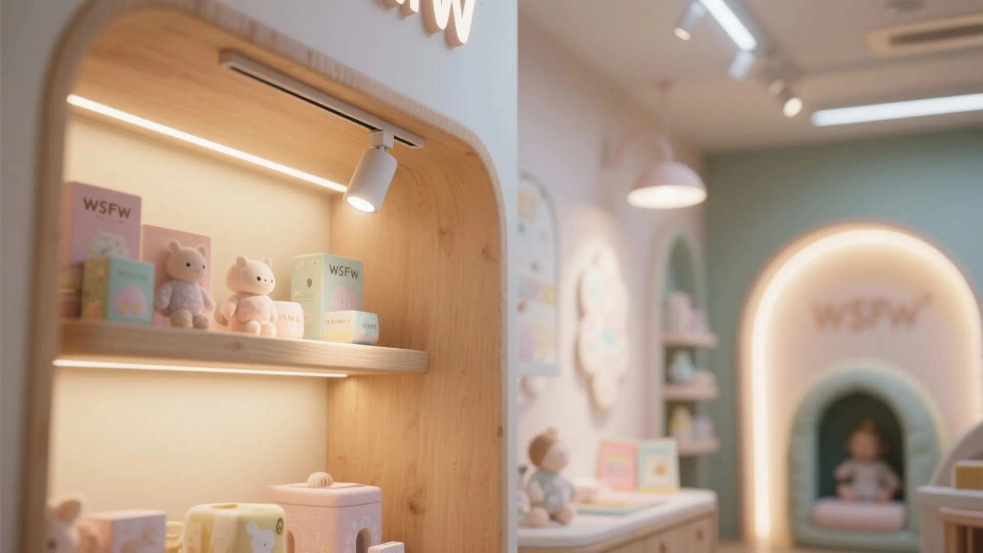 Close up of wooden display shelves with small spotlights pink decor items and soft wall lights