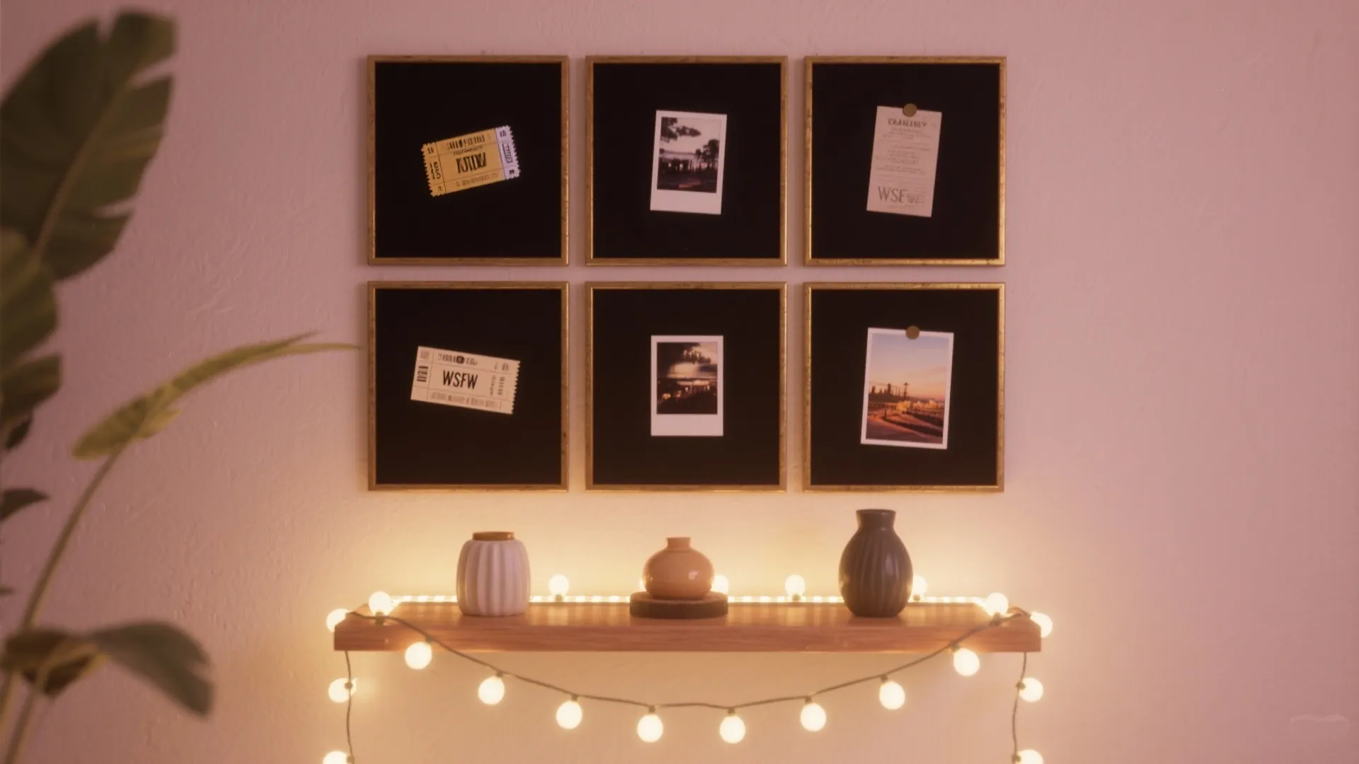 Pink wall with six black frames displaying photos above a shelf with vases and lights