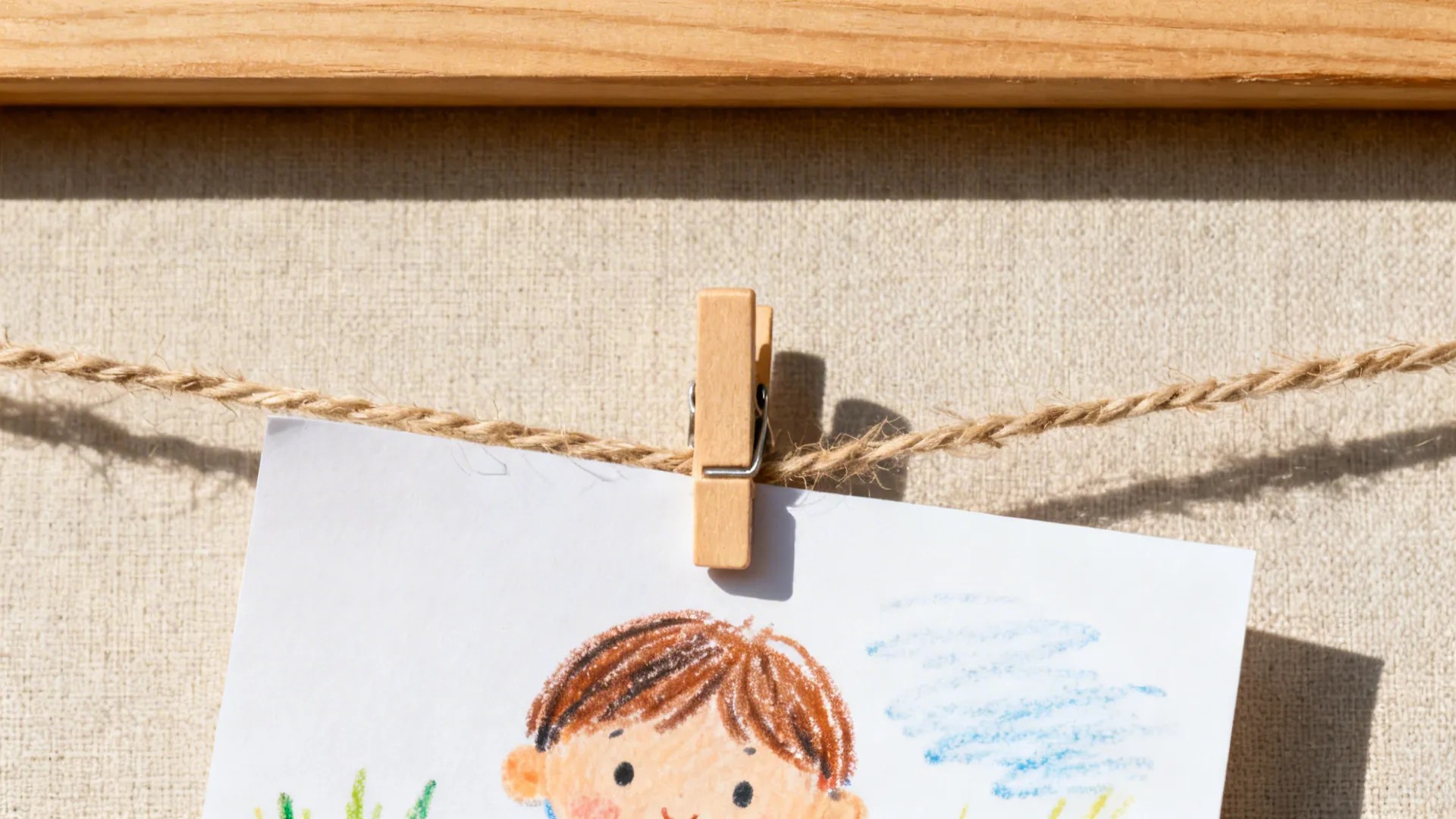 Close-up of a mini clip on twine holding children’s artwork on a neutral fabric wall.