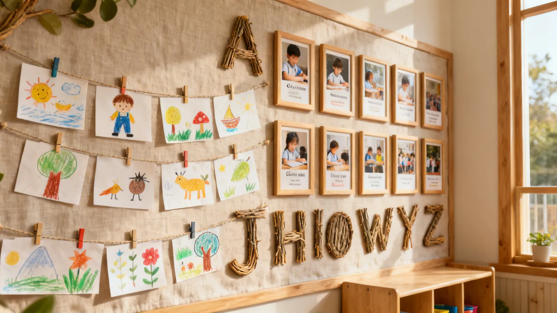 Preschool story wall with clipped student art, photo routines, and natural-material alphabet.