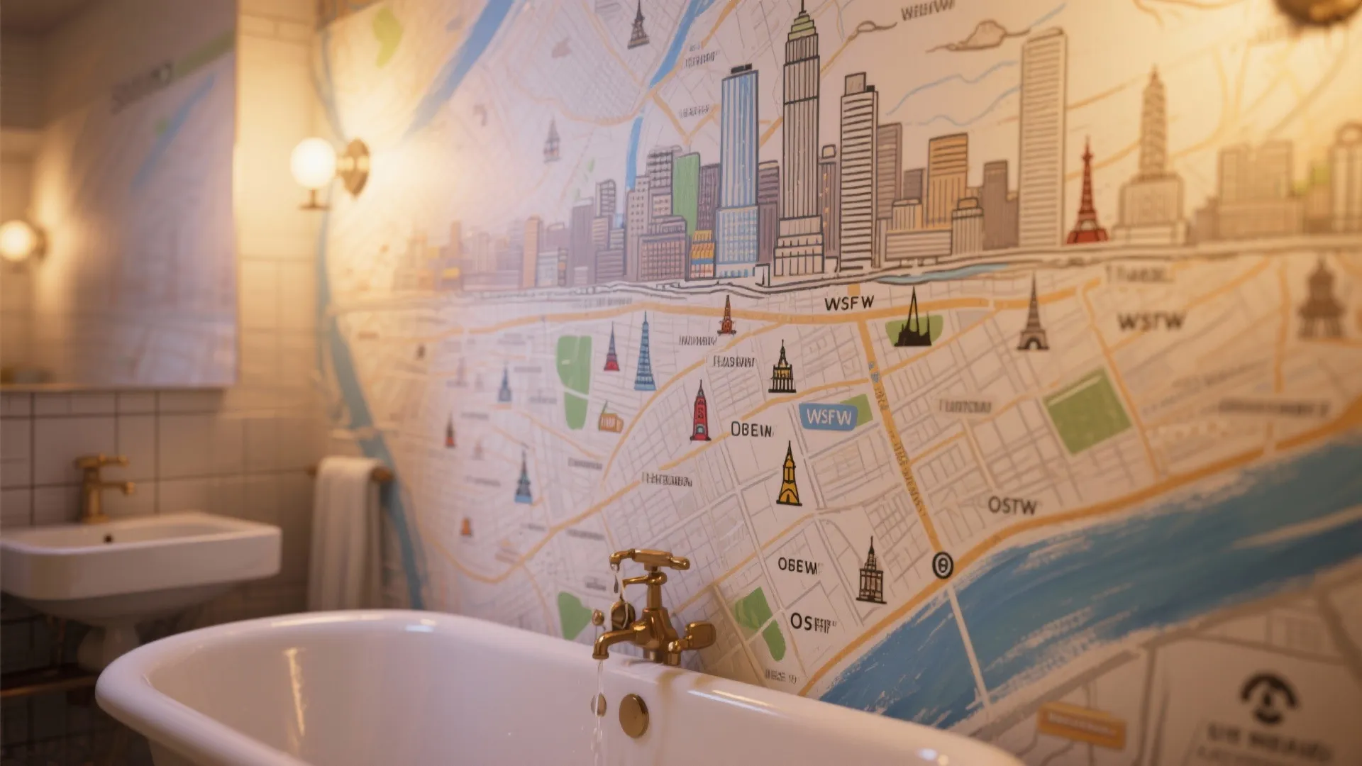 Bathroom with white bathtub gold tap and large city map wall mural in the background