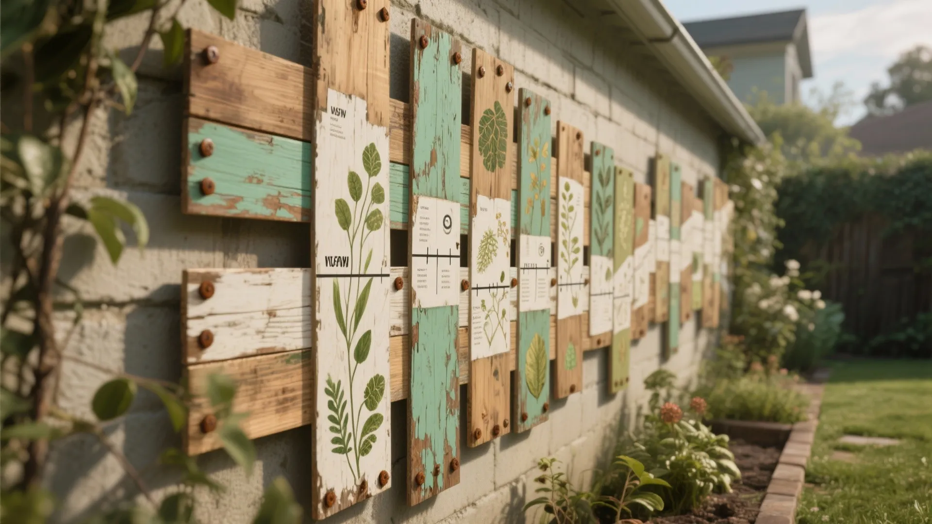 Layered weathered plywood storyboard panels mounted on a garden wall forming a sequential botanical vignette.