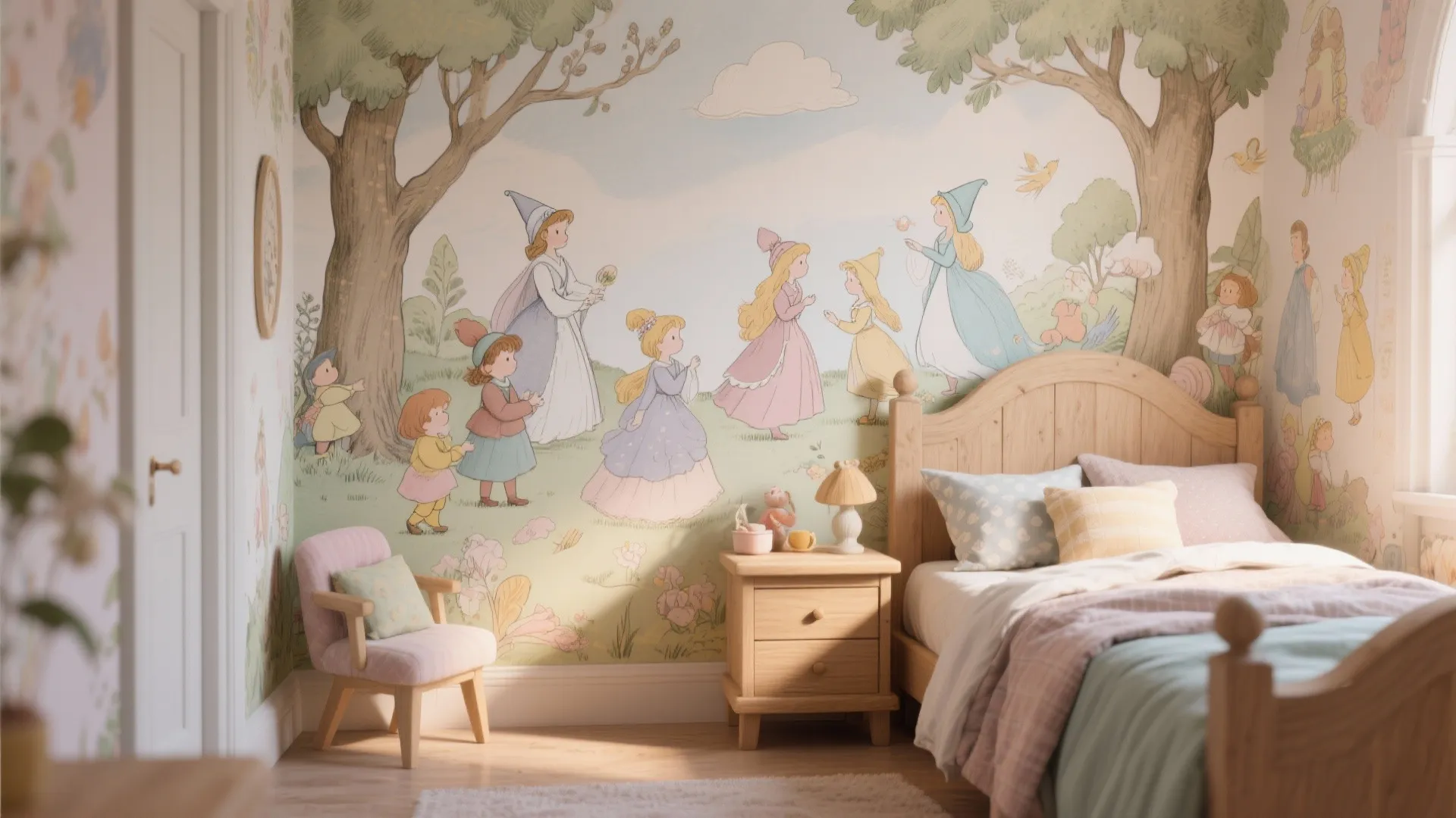 Kids' bedroom with vintage storybook wallpaper and wooden furniture