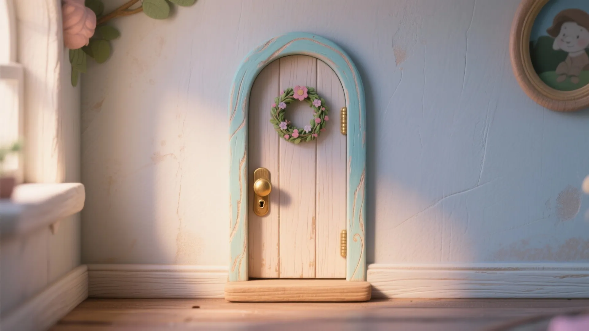 Miniature arched wooden door with flower wreath gold handle and blue trim against a white wall