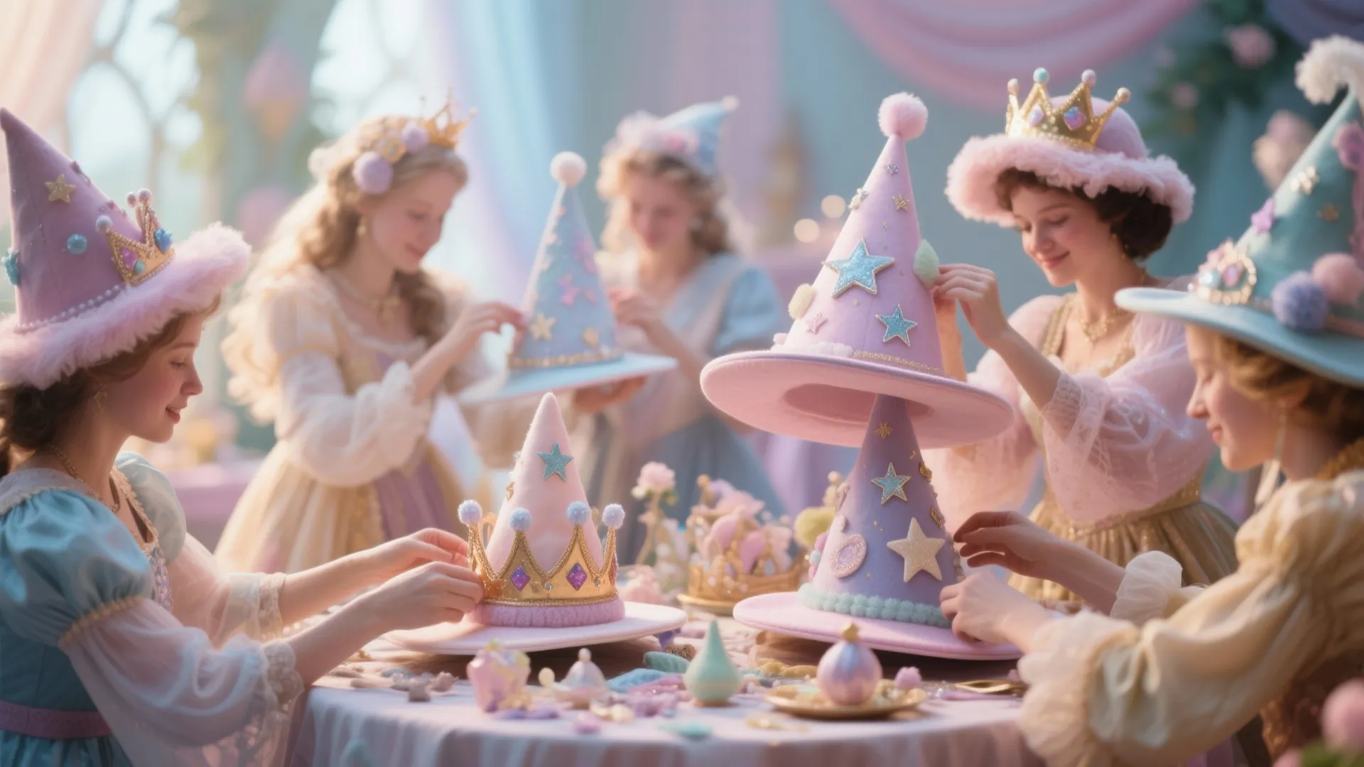 Young women in fairy tale dresses making colorful pointed hats with stars and golden crowns