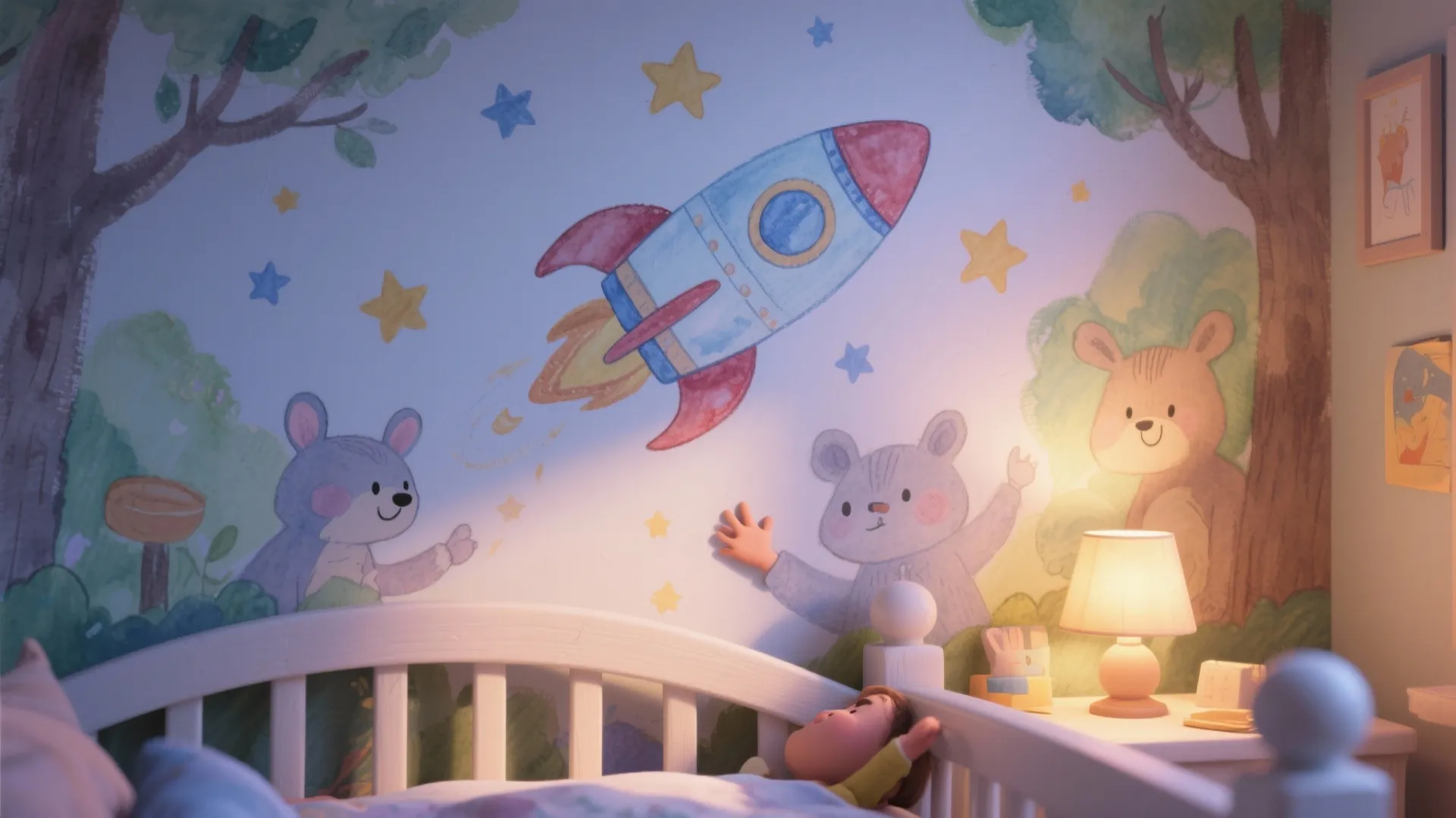 Kids bed with rocket and bear wall mural and small table lamp on the nightstand