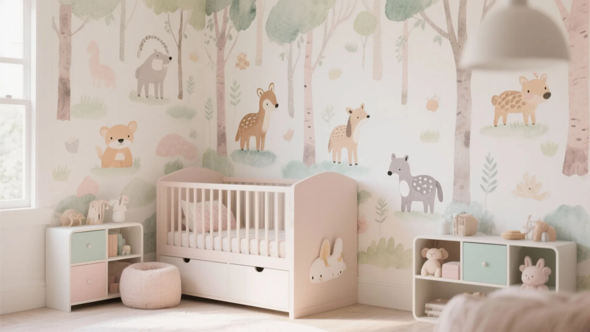 Nursery with watercolor forest animals wallpaper in pastel tones