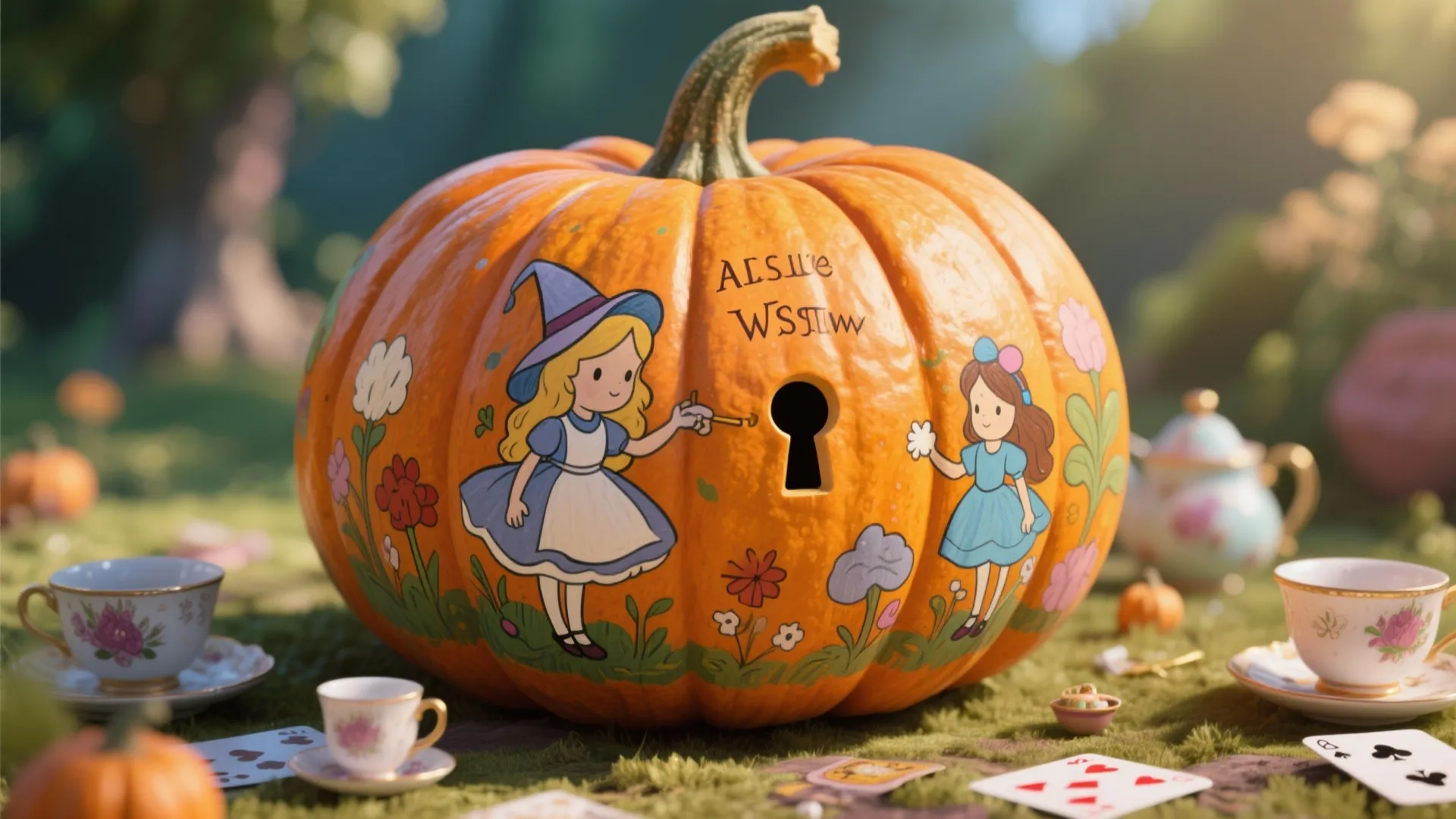 Pumpkin painted with Alice in Wonderland scenes and a carved keyhole