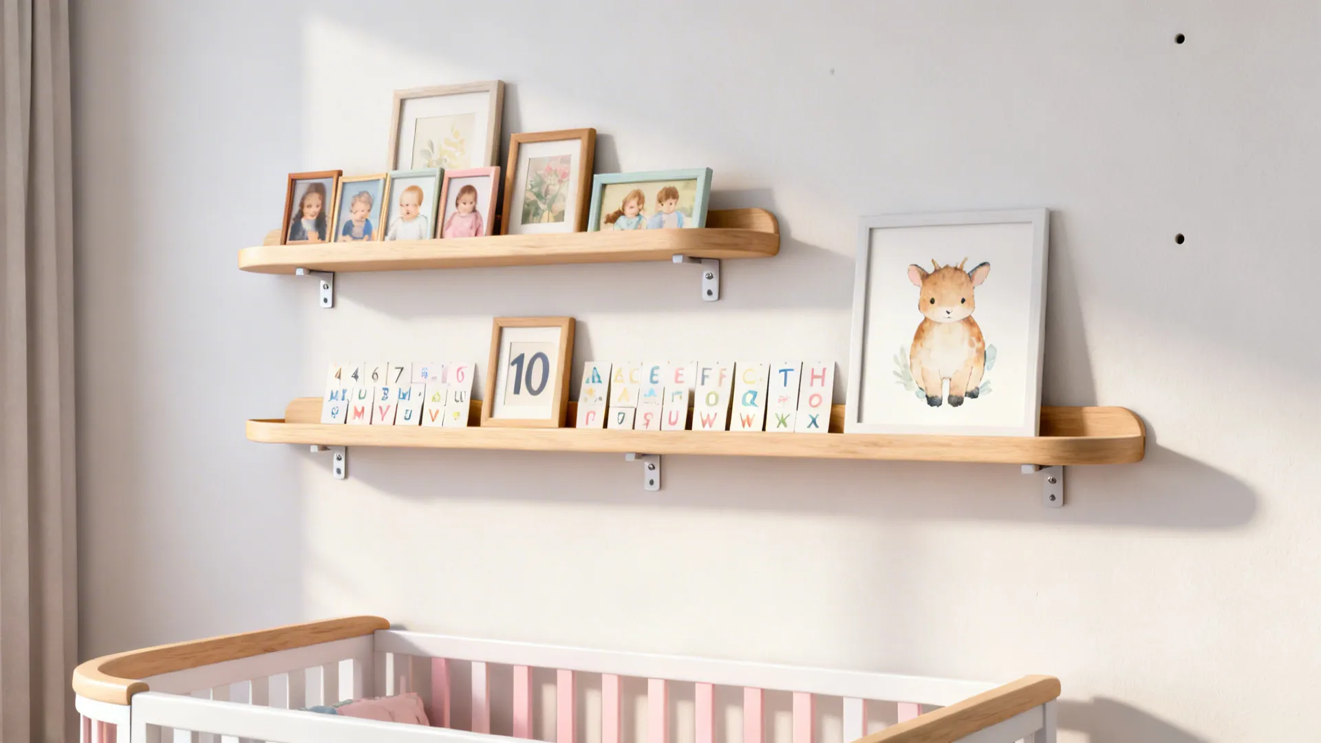 Two wooden wall shelves holding family photos and art above a white pink baby crib