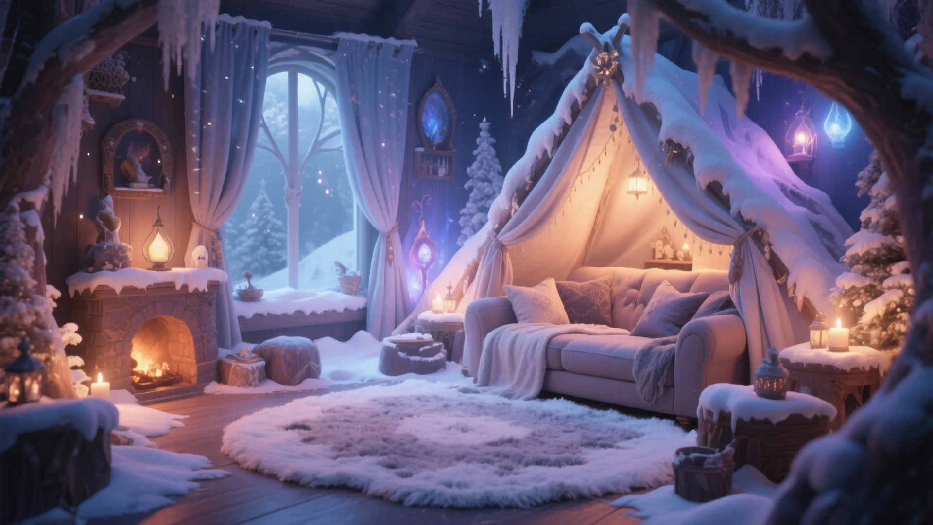 Whimsical winter themed indoor room with snow decorations a fireplace and a cozy beige sofa seating