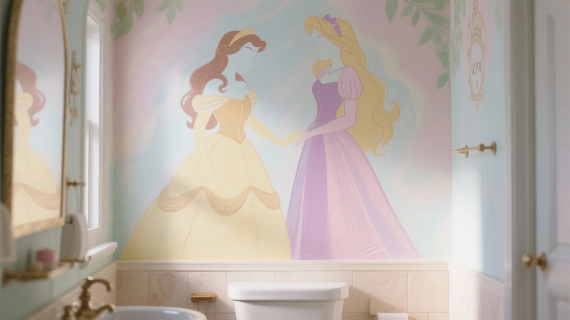Bathroom wall mural featuring two princess characters in yellow and purple dresses near white toilet