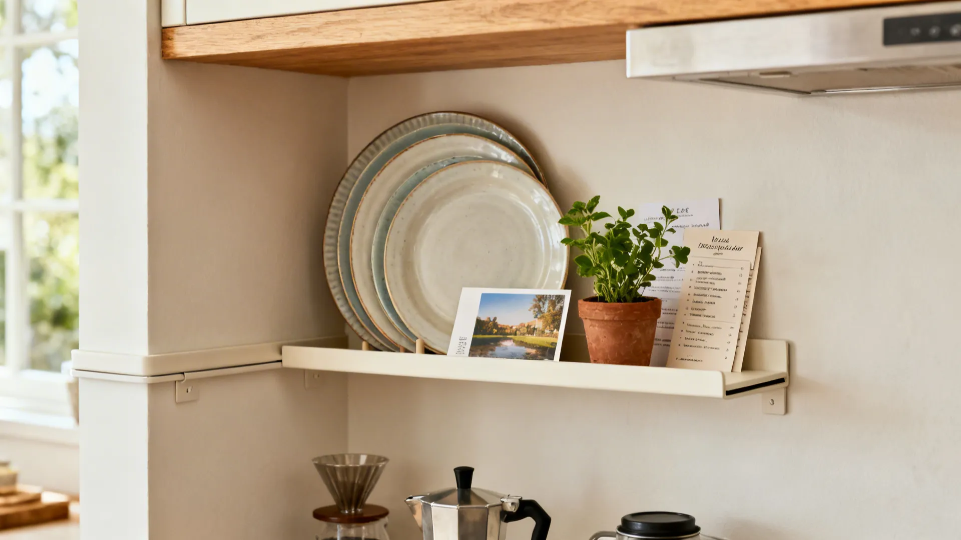 Slim wall ledges hold layered plates, postcards, and a tiny herb pot above a coffee niche.