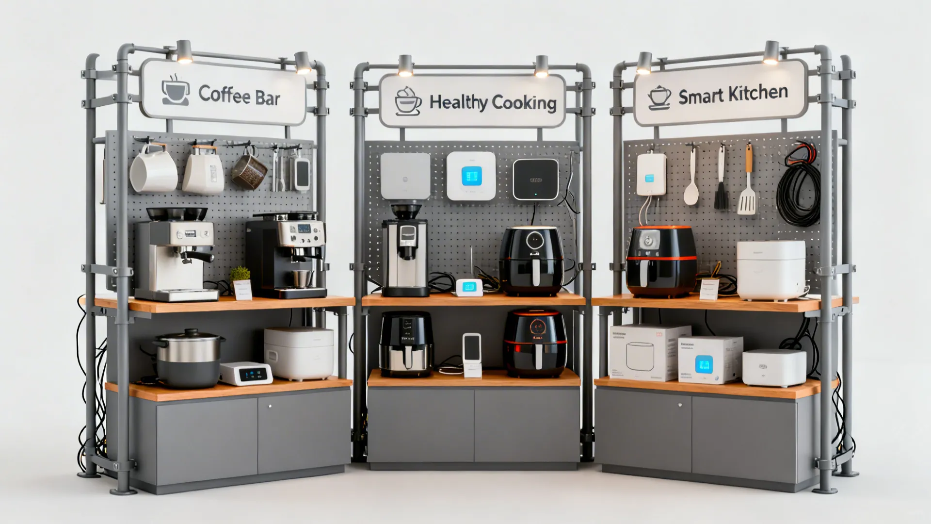 Three kitchen appliance display racks featuring coffee makers air fryers and rice cookers in showroom