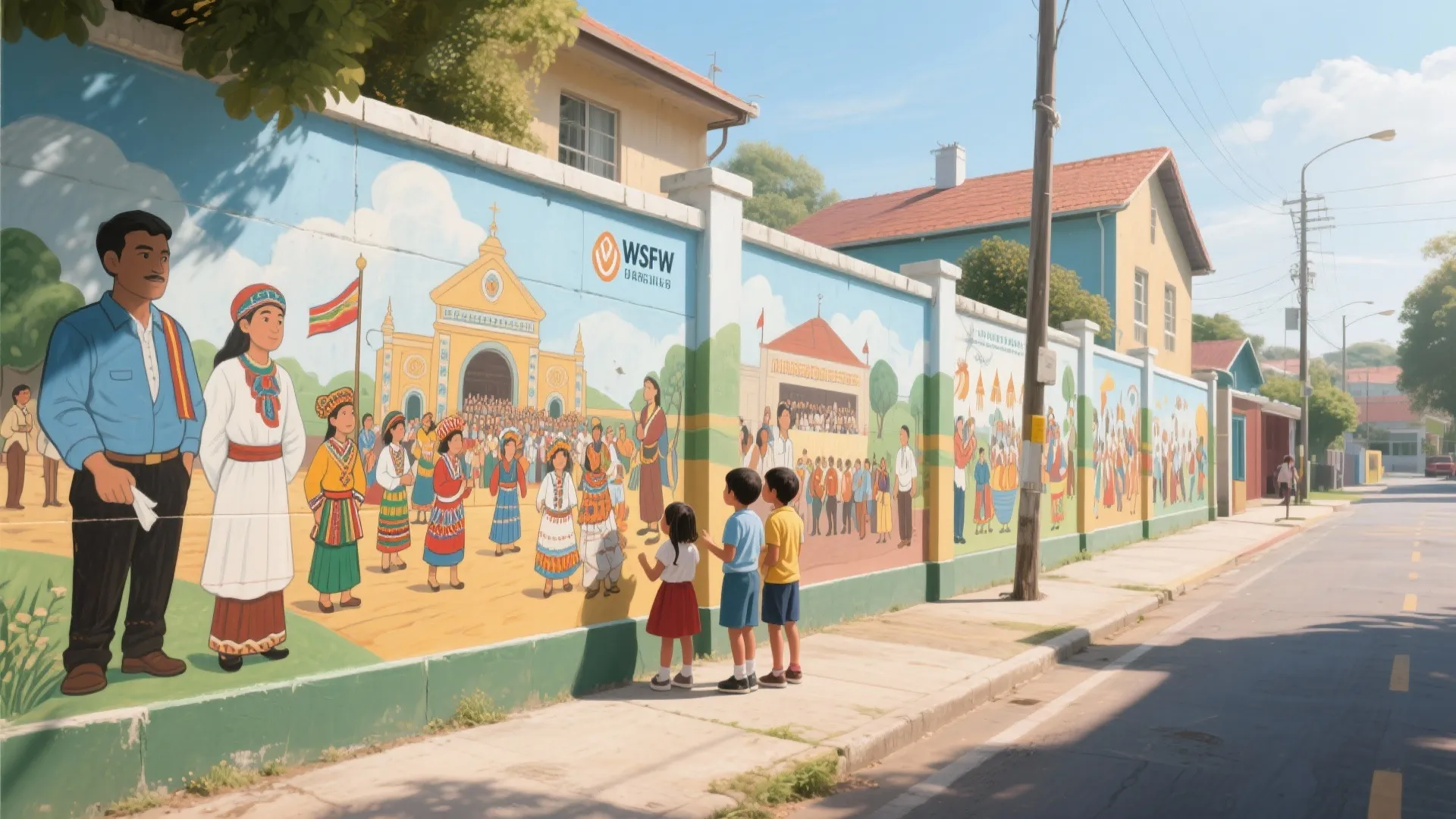 School wall mural with local cultural and historical scenes