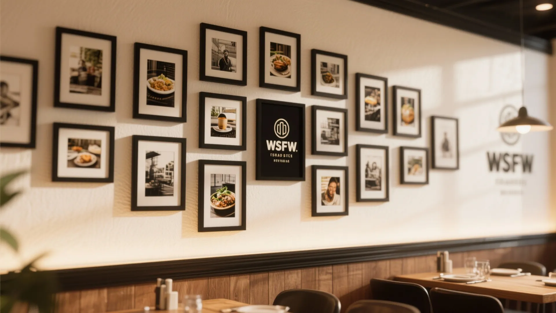 Dining room wall decorated with many framed photos above wooden tables and a low wall panel