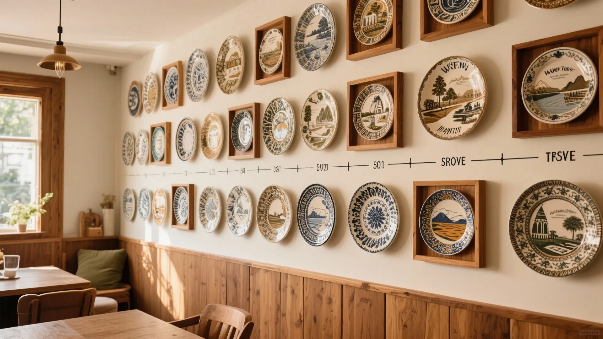 Restaurant wall display with patterned decorative plates in wooden frames and wood paneling on walls