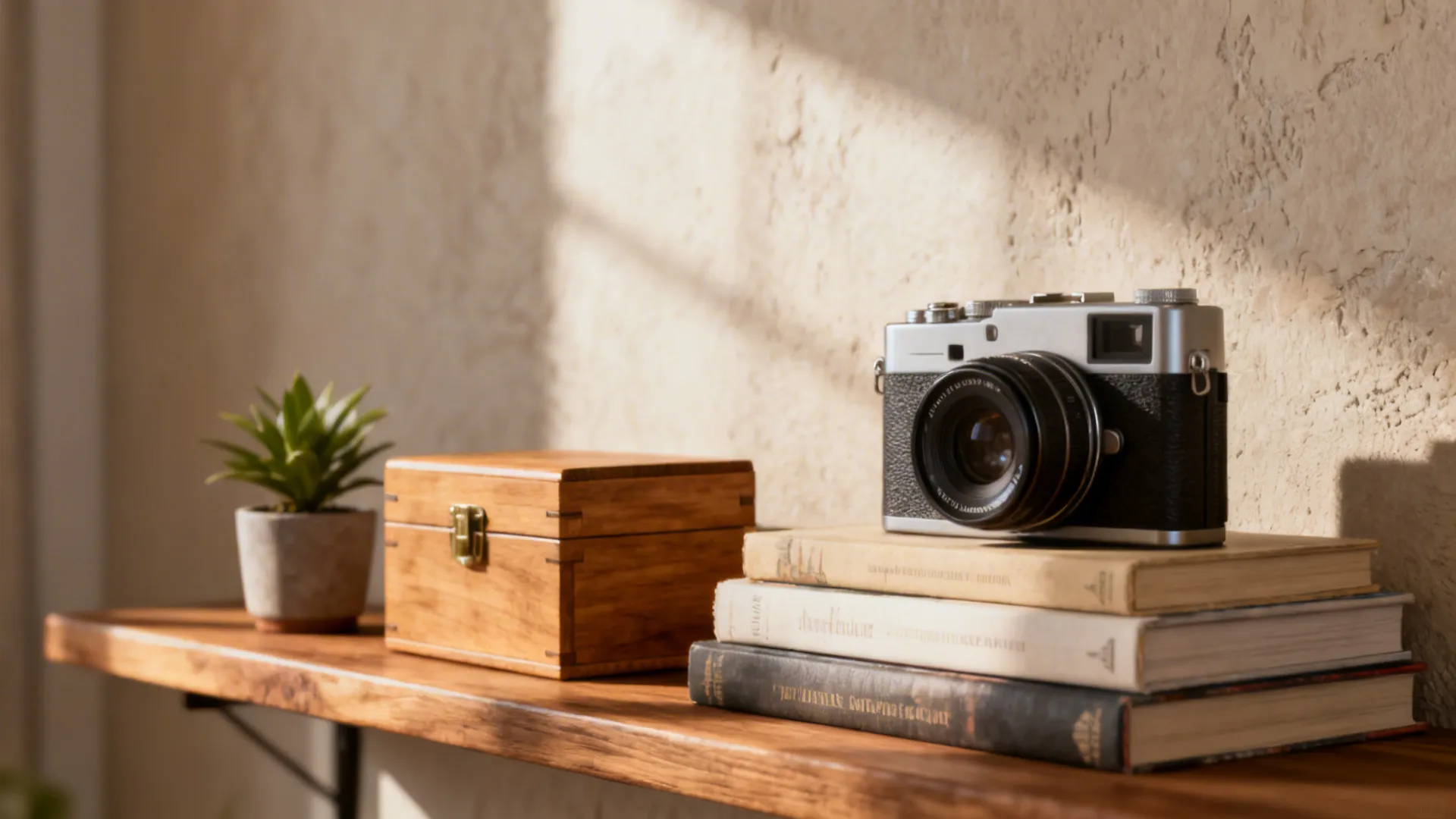 Vignette of a storytelling shelf with vintage camera, stacked books, and a small plant.