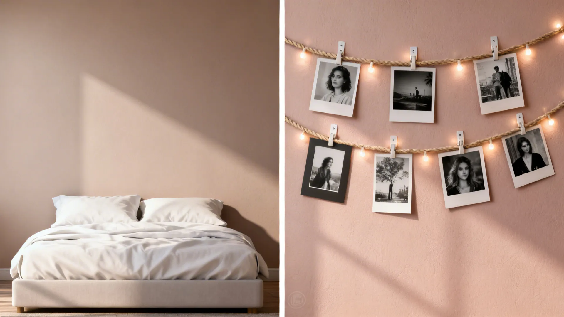 Before-and-after of a plain wall transformed into a photo garland with warm micro lights.