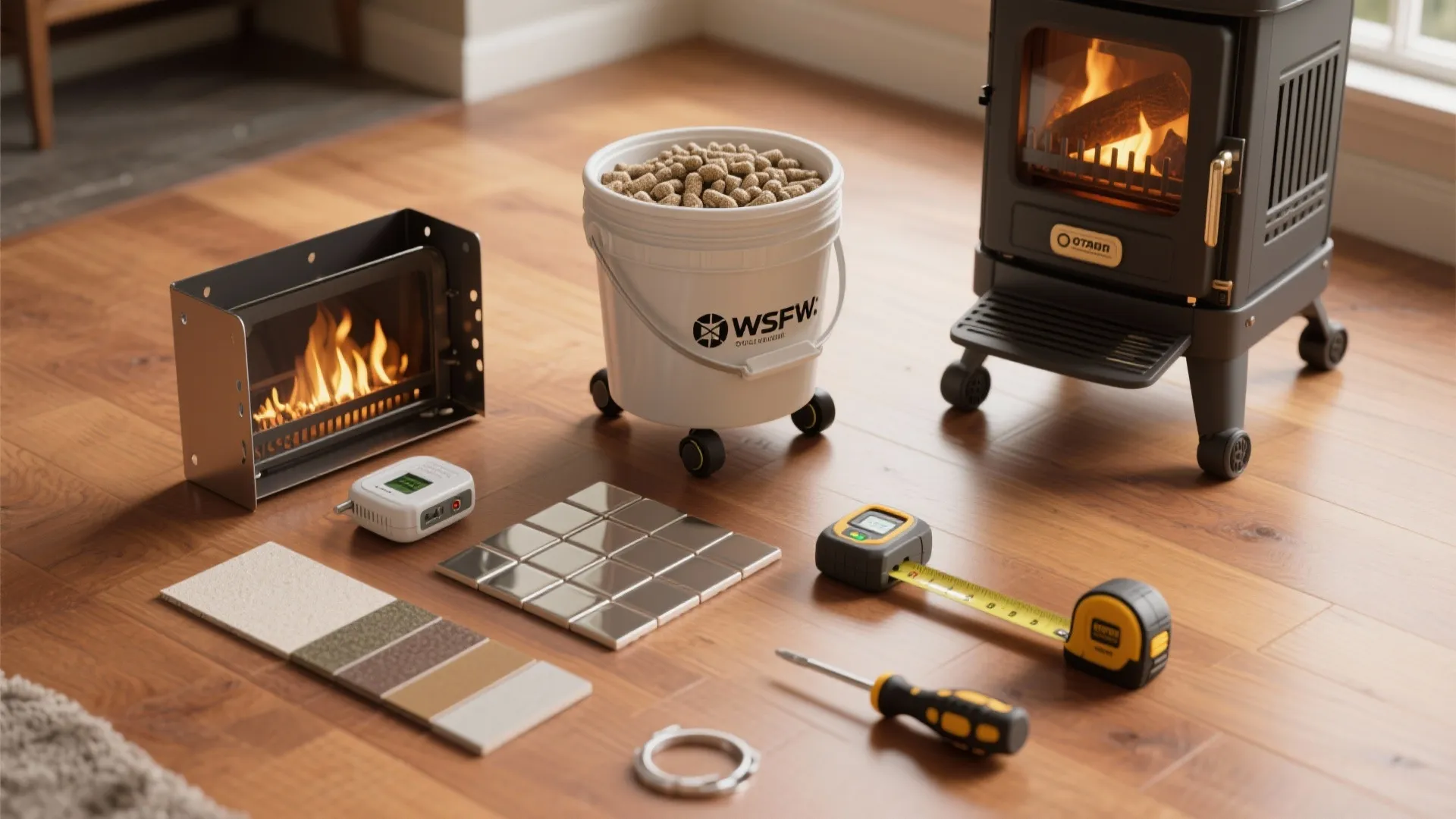 Various wood stove installation tools and accessories laid out on a light brown wooden floor