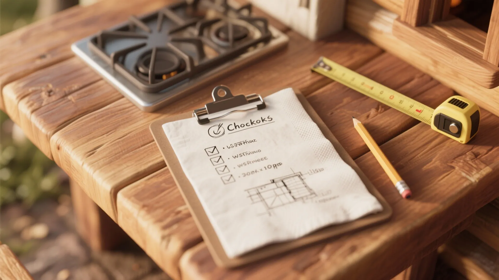 Wooden table with a checklist on a clipboard plus a measuring tape and a pencil
