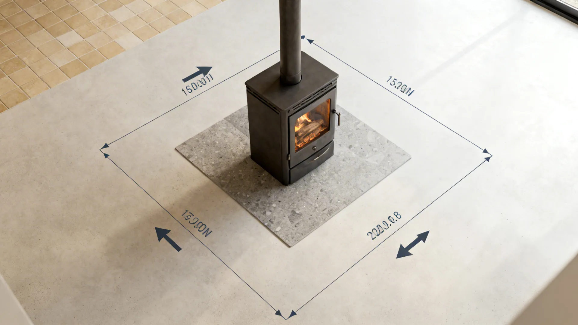 Diagram showing safe clearance distances around a black wood stove on a grey stone floor