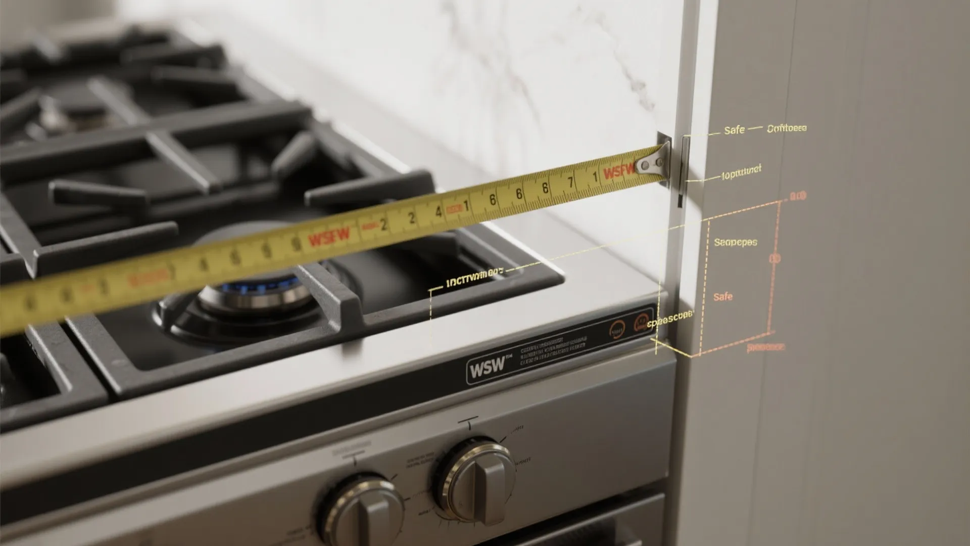 Close-up mockup showing clearance measurements between a sliding barn door and a stove cooktop.