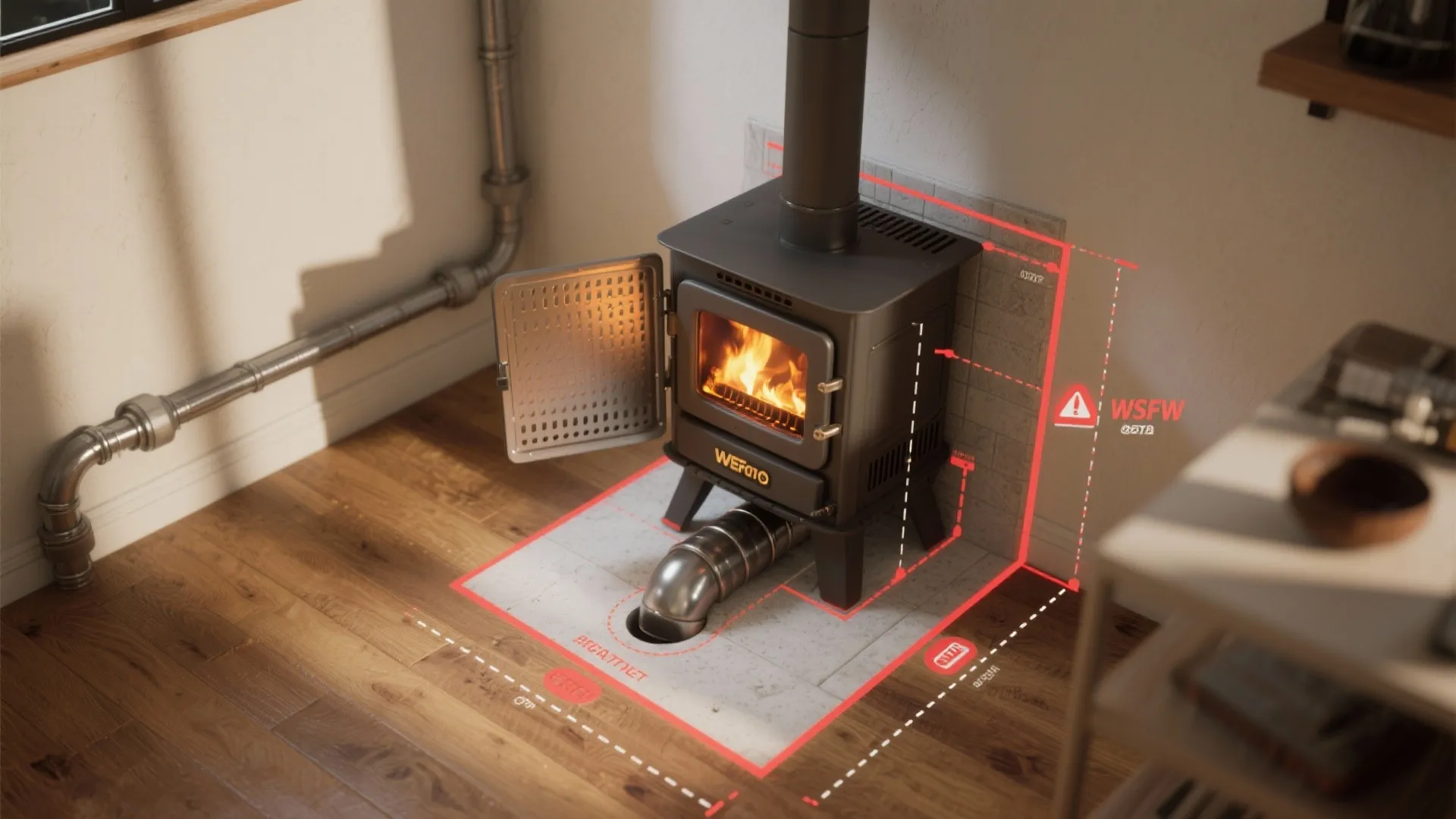 Wood burning stove with fire inside showing red safety measurement lines for proper wall clearance distance